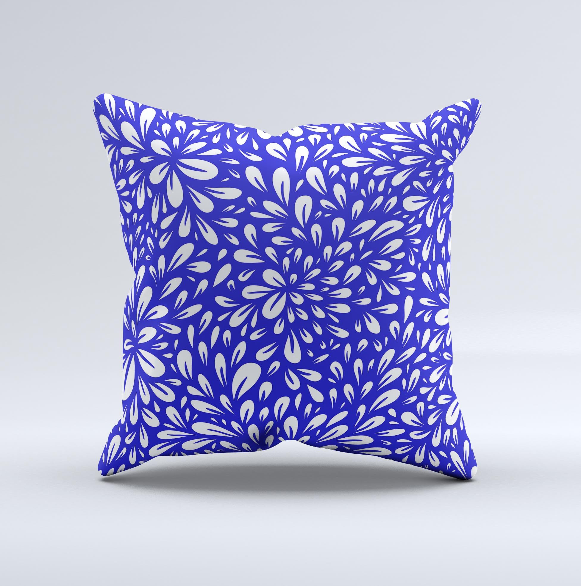 Royal Blue & White Floral Sprout Ink-Fuzed Decorative Throw Pillow showcasing vibrant floral design and high-quality fabric.