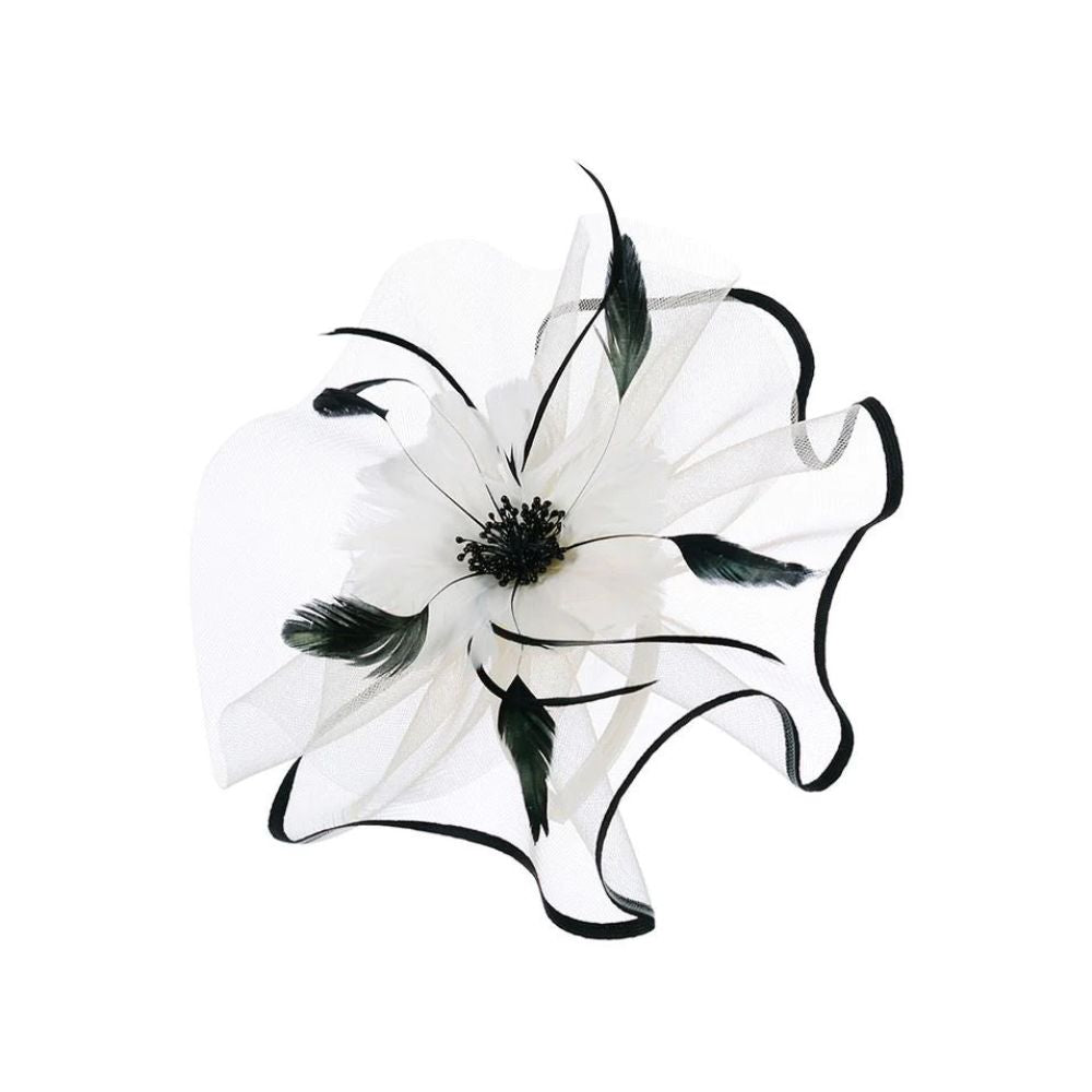 Ruby Rocks DAISYLEE Fascinator in beige and black with floral feather design on a headband.