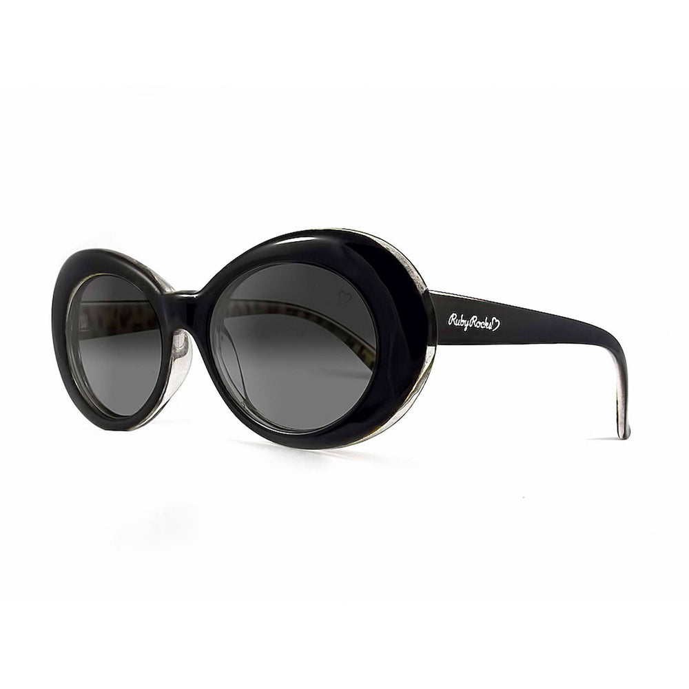 Ruby Rocks Ladies 'Antigua' oval sunglasses in black with leopard print inside temple and heart logo on lens.