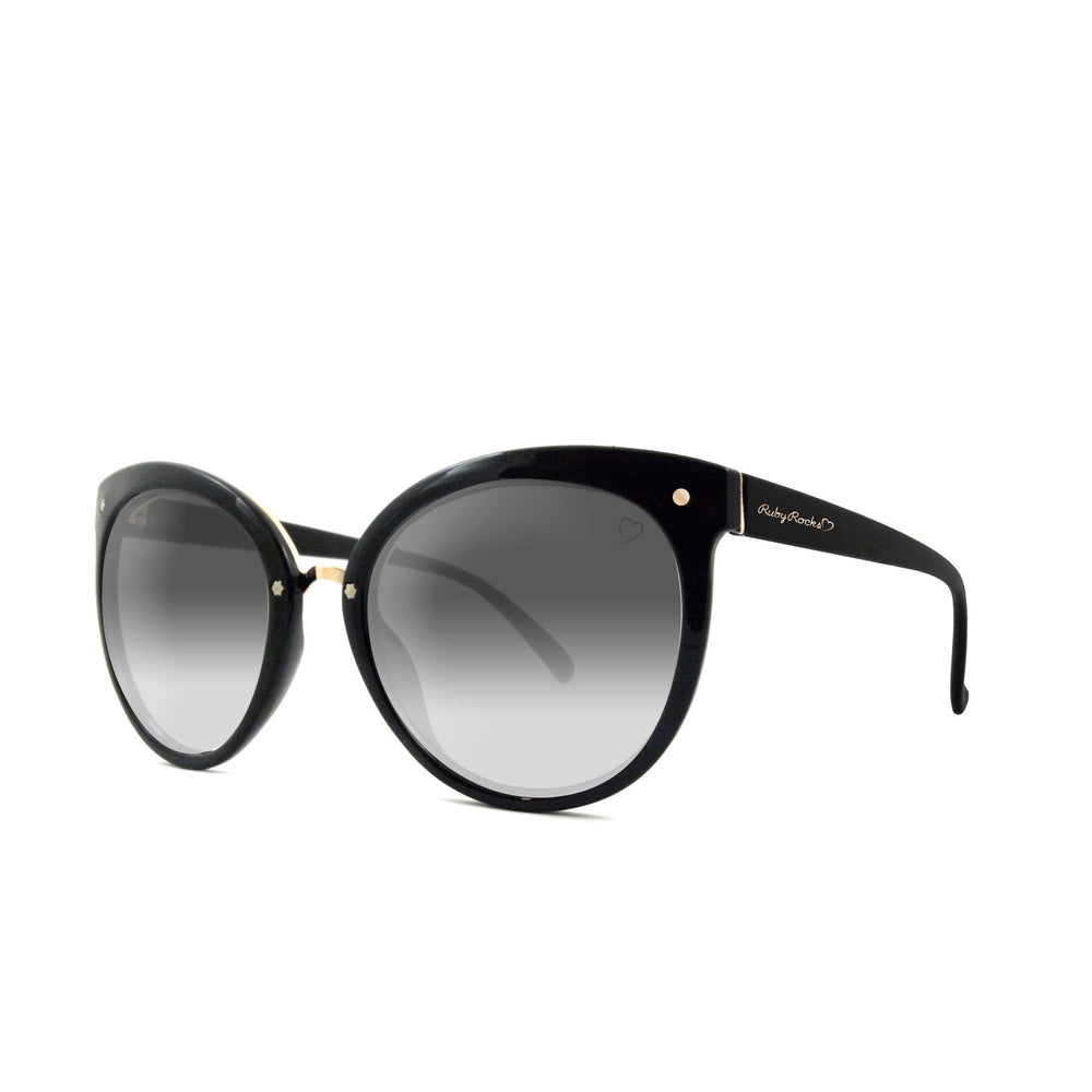 Ruby Rocks Rounded Cateye Sunglasses in shiny black with silver metal bridge and grad smoke lenses.