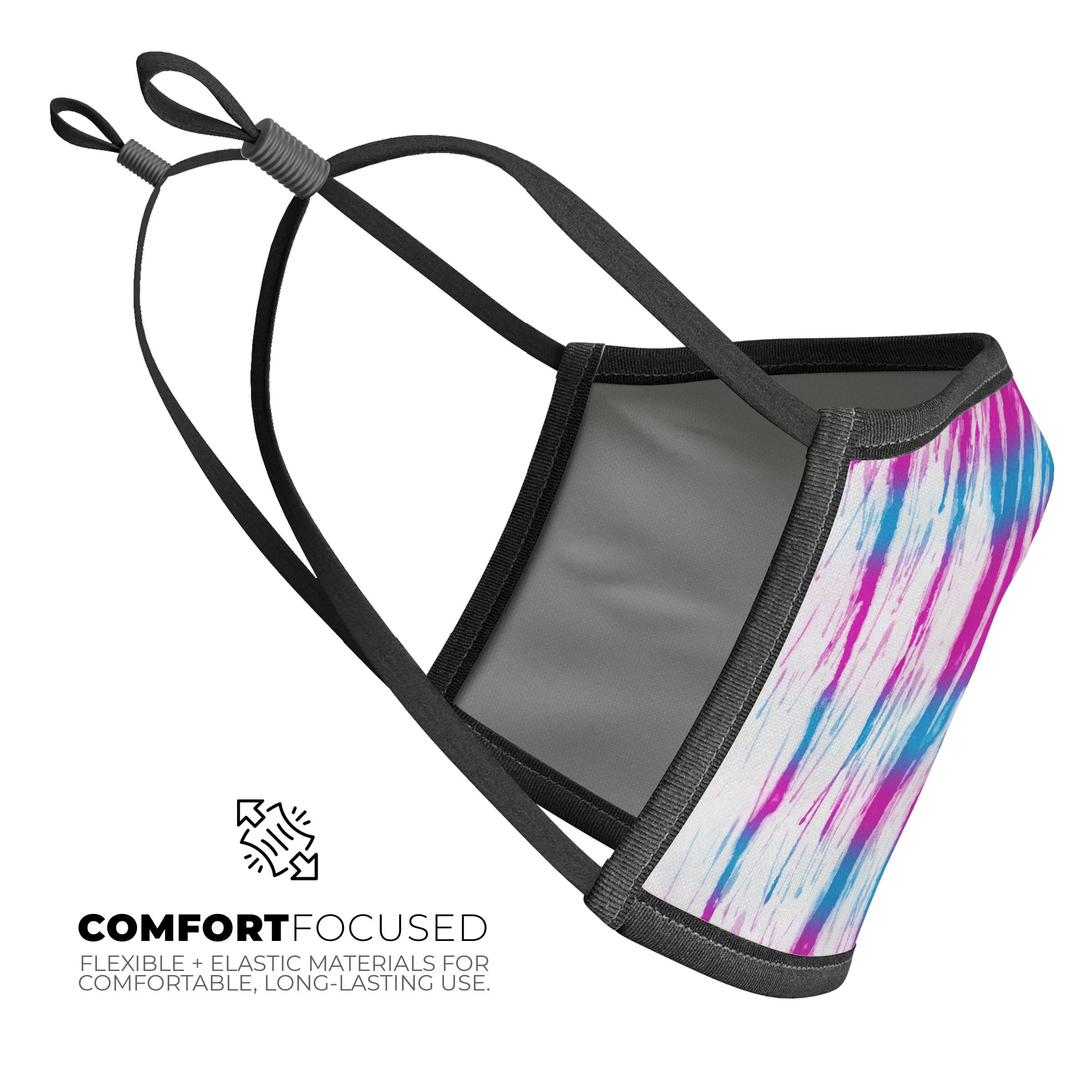 A vibrant blue and pink watercolor patterned mouth cover, showcasing a stylish design suitable for daily use.