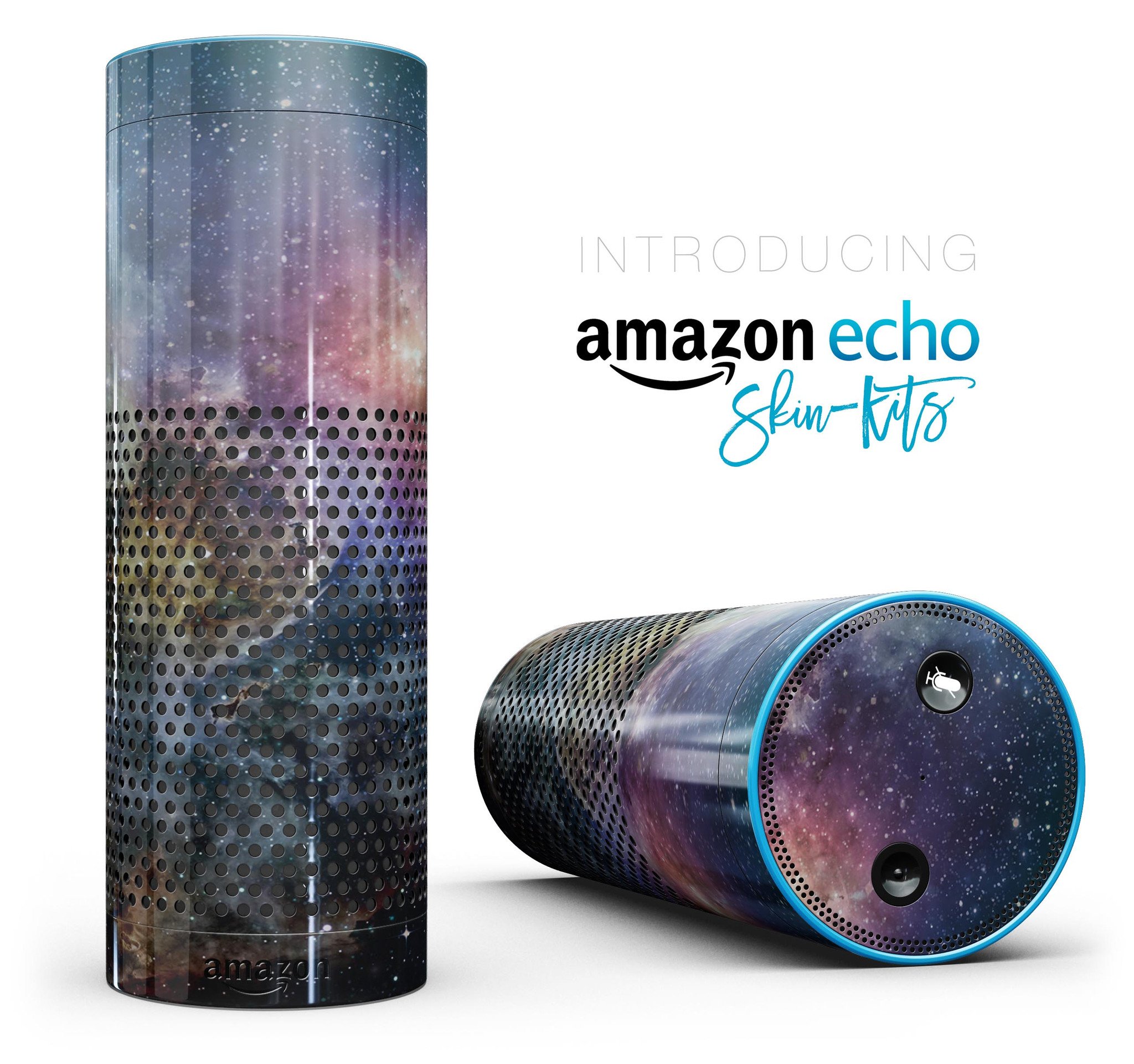 Full-body skin-kit for Amazon Echo featuring a vibrant rust and bright neon colored stary sky design, showcasing its protective and decorative features.