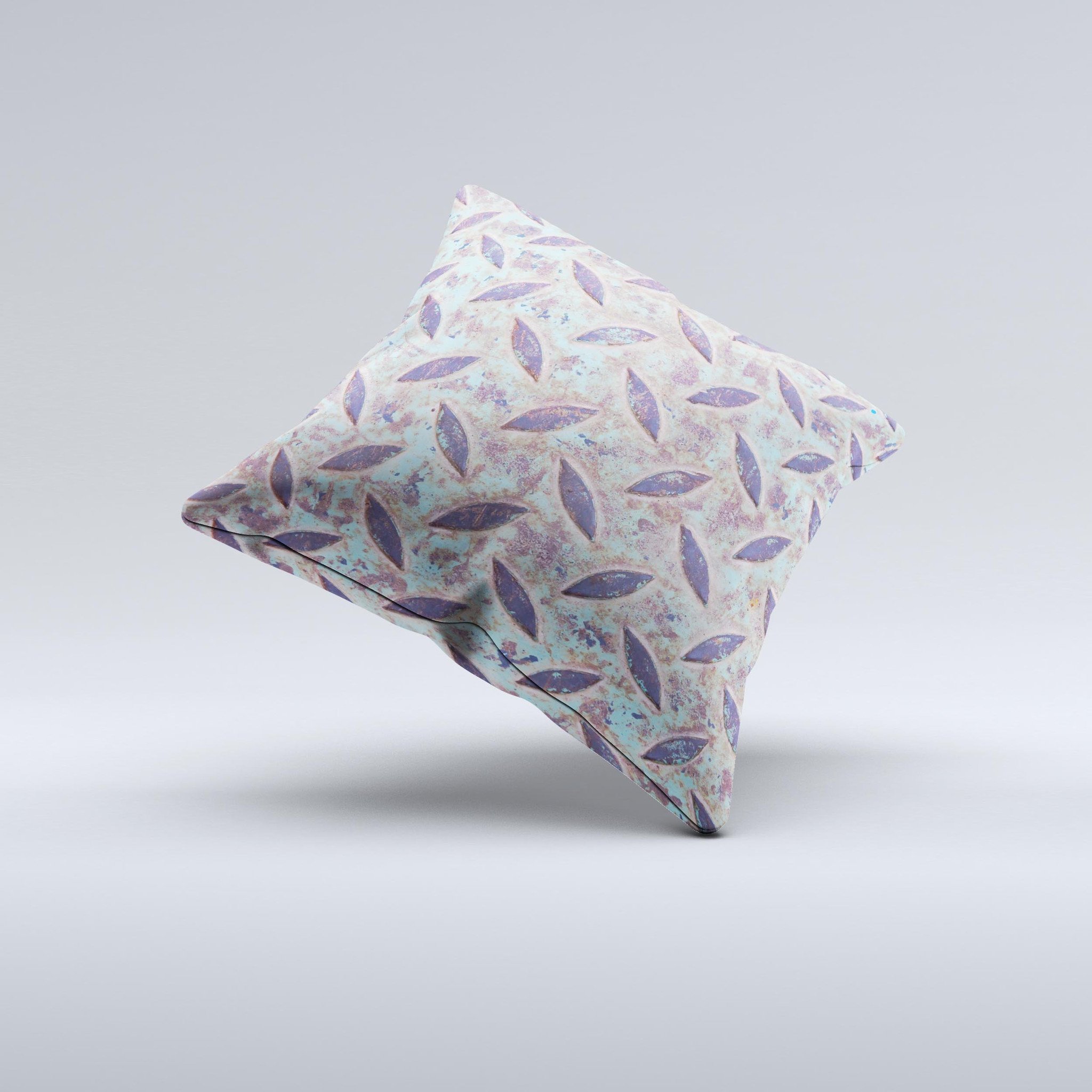 Rusted Blue Diamond Plate ink-Fuzed Decorative Throw Pillow showcasing a unique design with a rustic blue diamond pattern, handcrafted in Virginia.