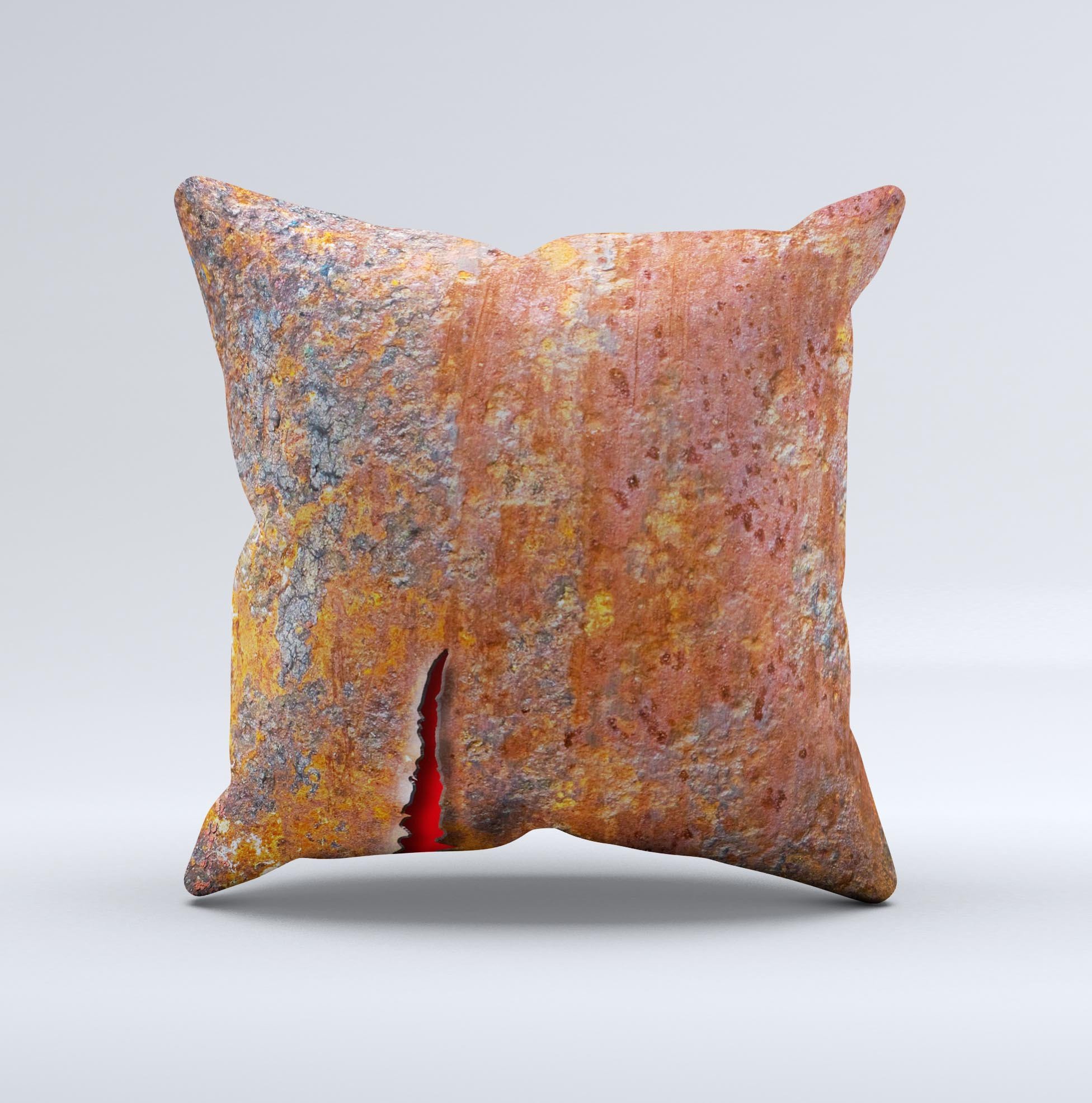 Rusty Metal Ink-Fuzed Decorative Throw Pillow with a jagged edge, showcasing a unique rustic design and high-quality craftsmanship.