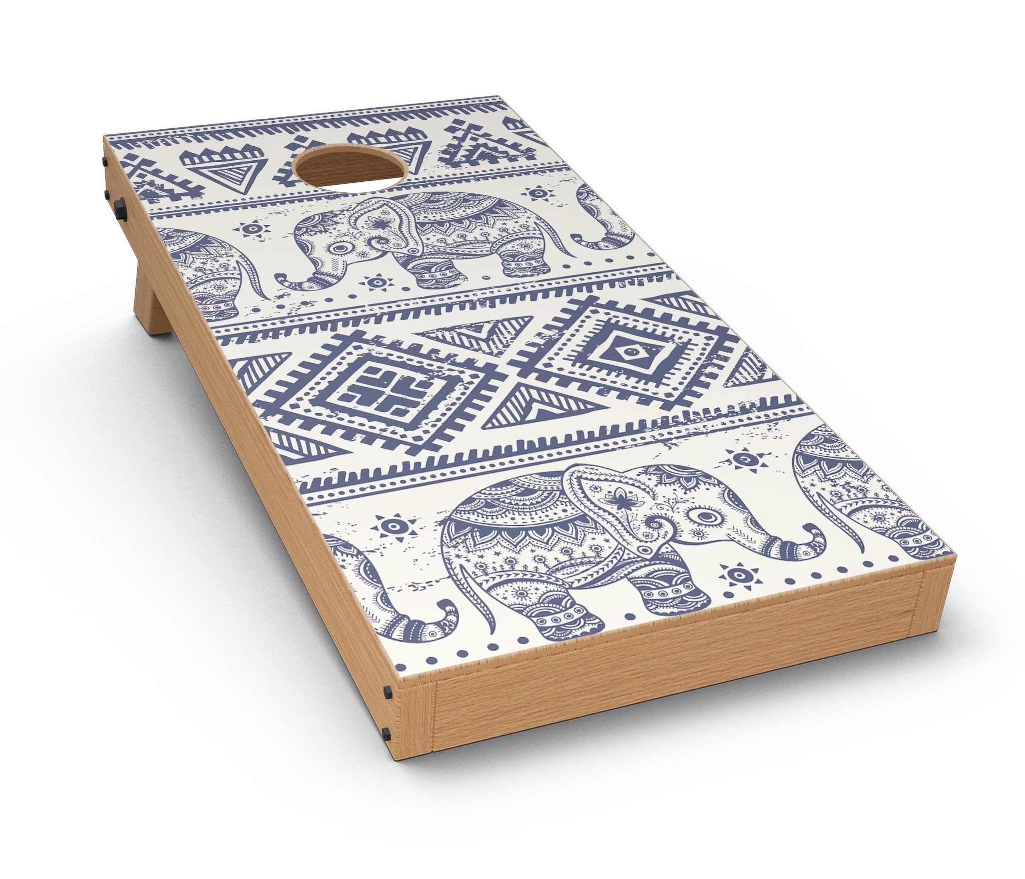 Sacred Elephant Pattern CornHole Board Skin Decal Kit showcasing vibrant elephant design on premium vinyl.