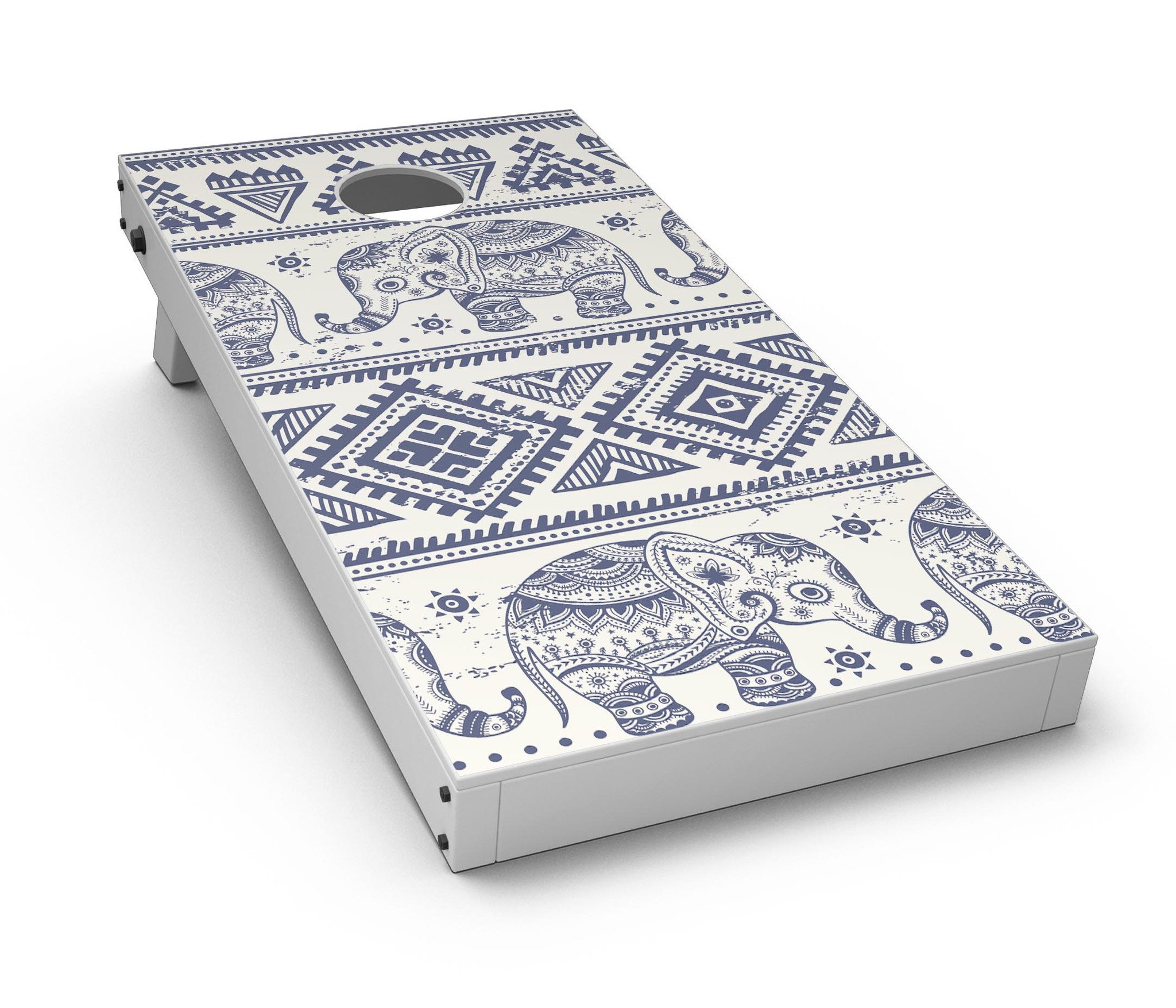 Sacred Elephant Pattern CornHole Board Skin Decal Kit showcasing vibrant elephant design on premium vinyl.