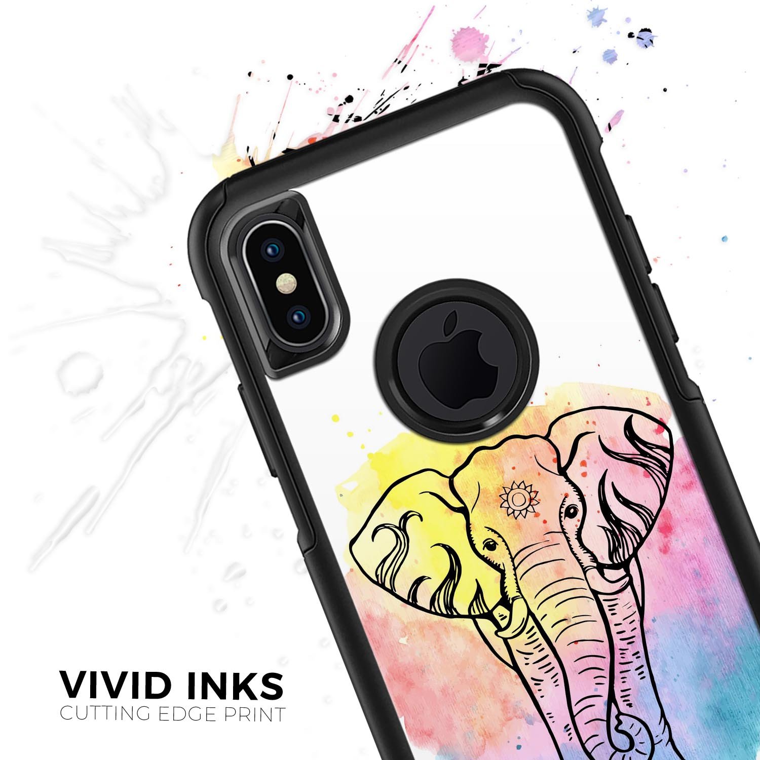 Sacred Elephant Watercolor Skin Kit for iPhone OtterBox cases, showcasing vibrant colors and intricate watercolor design.