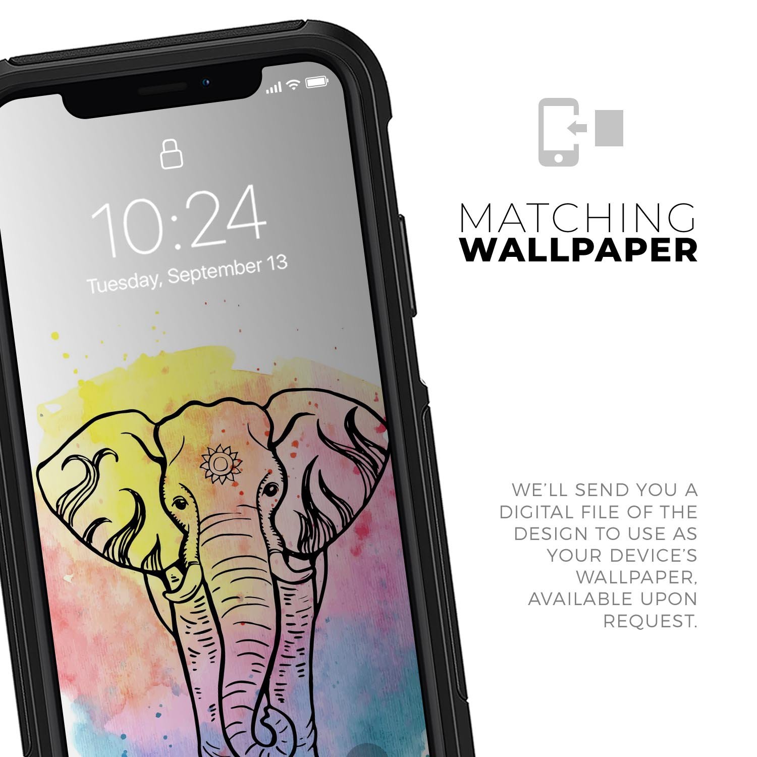 Sacred Elephant Watercolor Skin Kit for iPhone OtterBox cases, showcasing vibrant colors and intricate watercolor design.