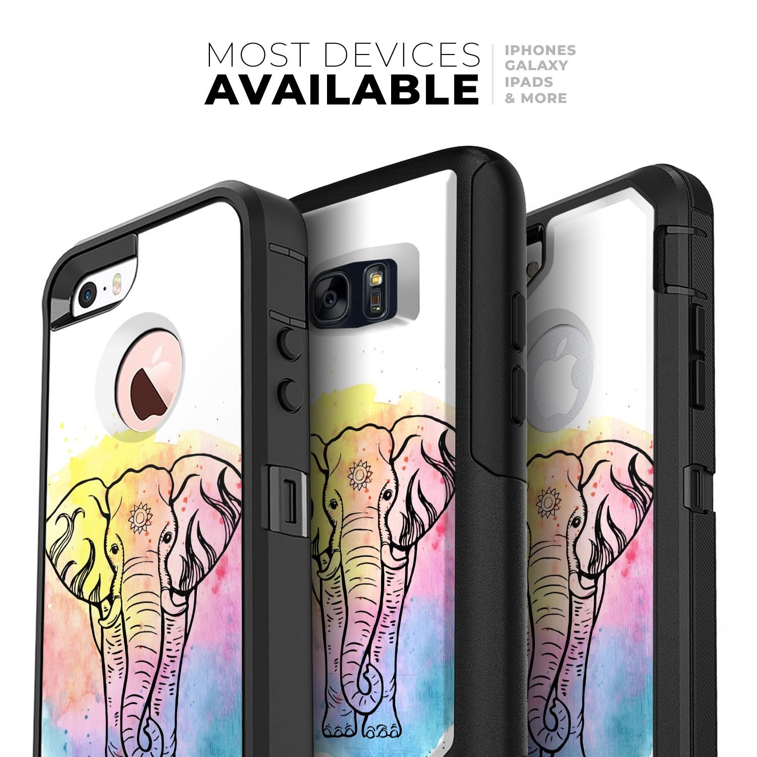 Sacred Elephant Watercolor Skin Kit for iPhone OtterBox cases, showcasing vibrant colors and intricate watercolor design.