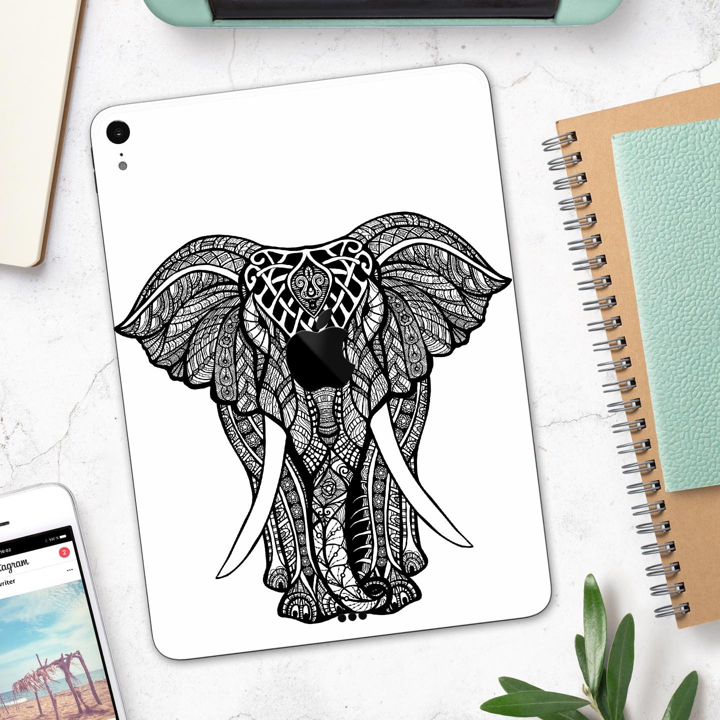 Sacred Ornate Elephant skin decal for Apple iPad Pro, showcasing intricate elephant design and premium finish.