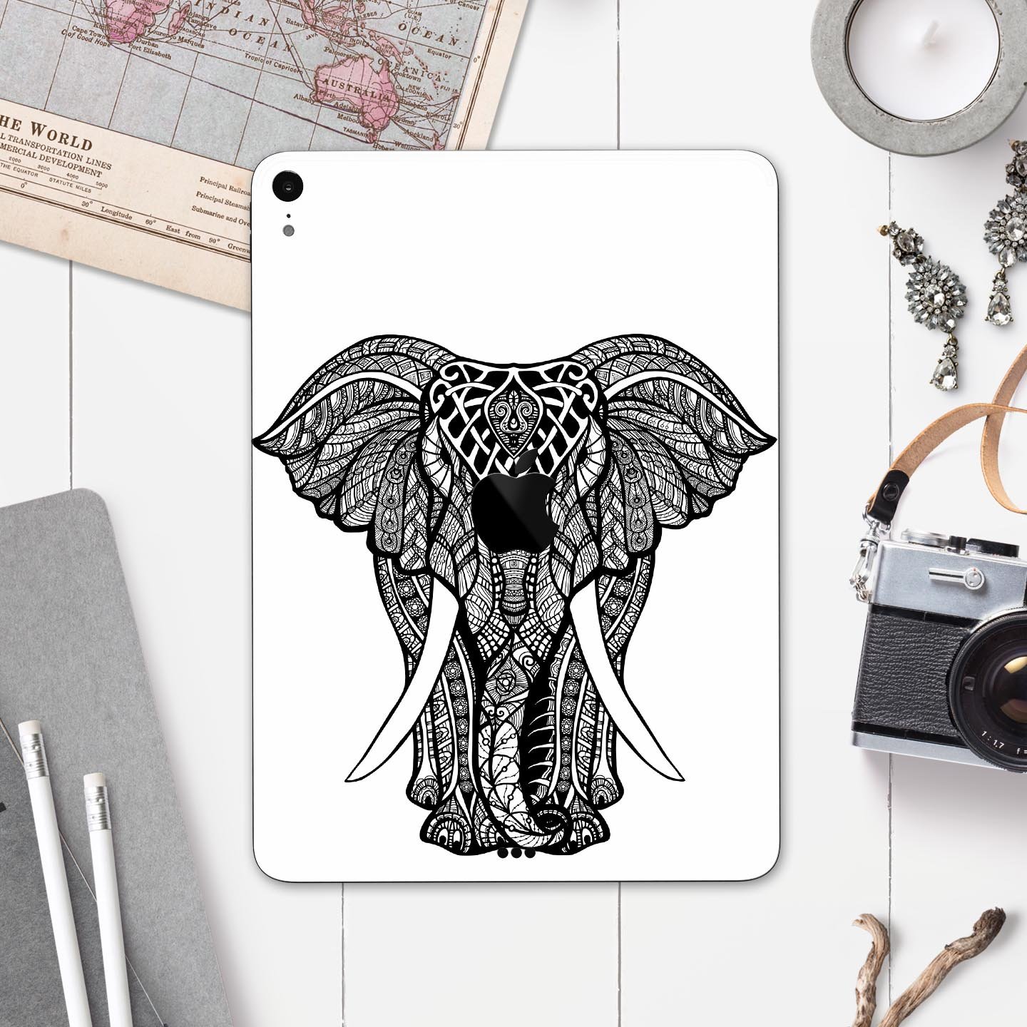 Sacred Ornate Elephant skin decal for Apple iPad Pro, showcasing intricate elephant design and premium finish.