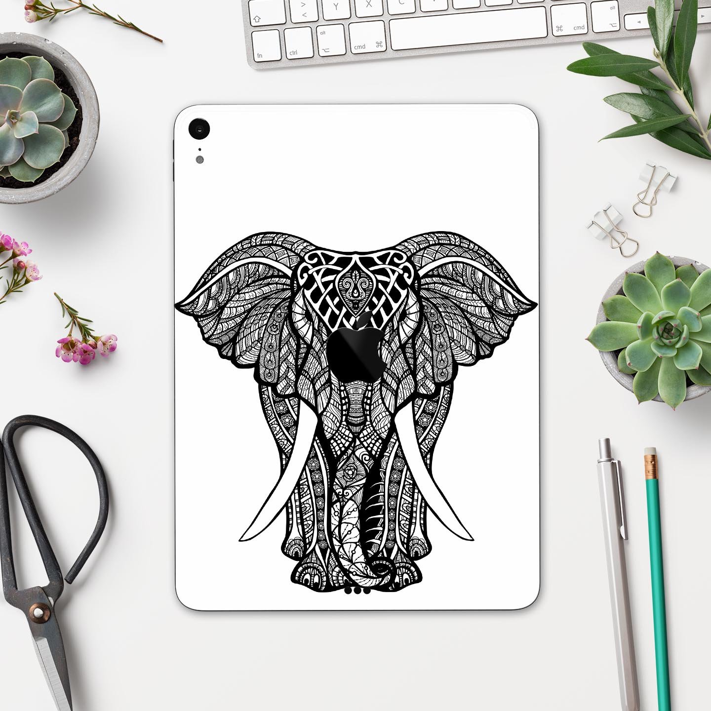 Sacred Ornate Elephant skin decal for Apple iPad Pro, showcasing intricate elephant design and premium finish.