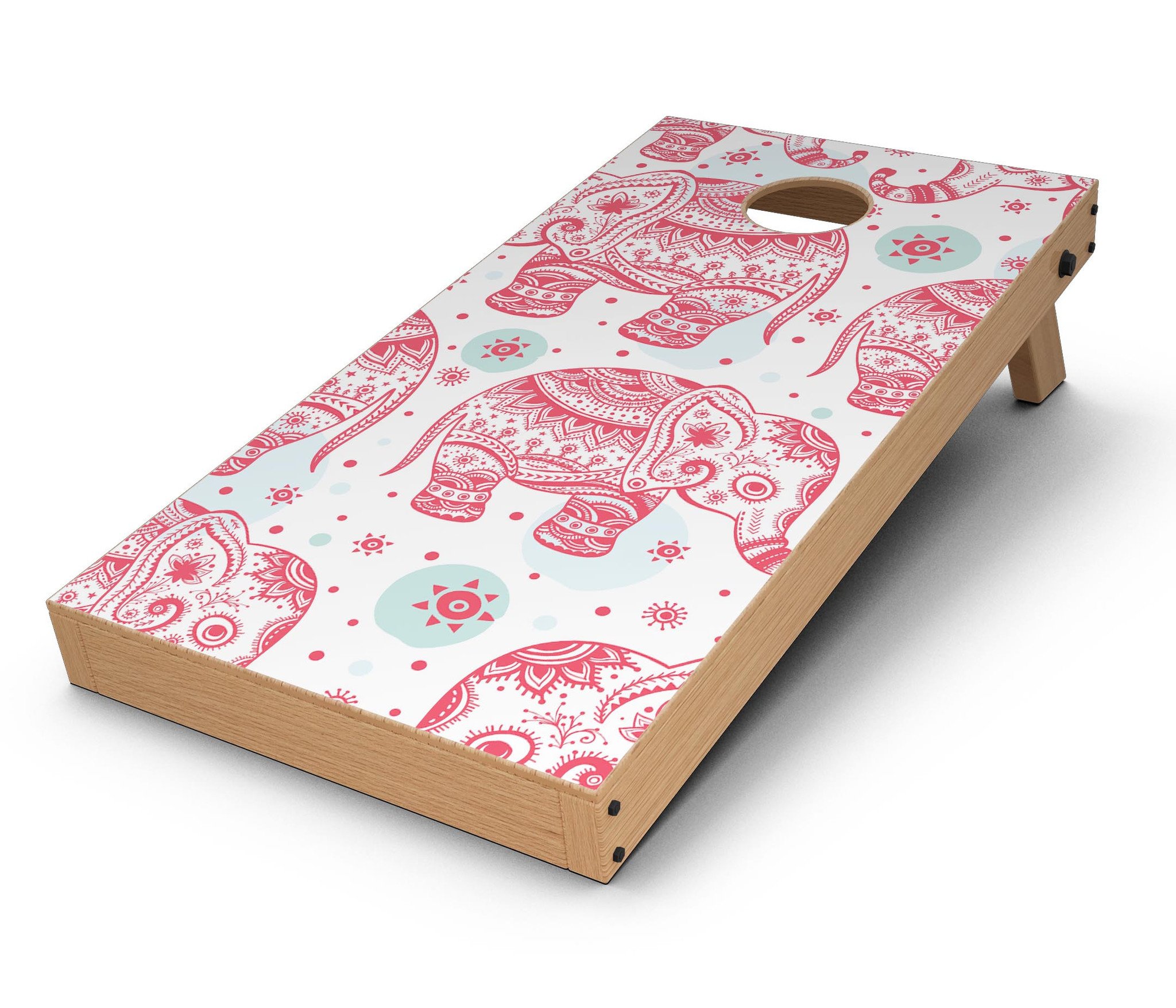 Sacred Red Elephant and Polkadots Cornhole Board Skin Decal Kit showcasing vibrant design and premium vinyl material.