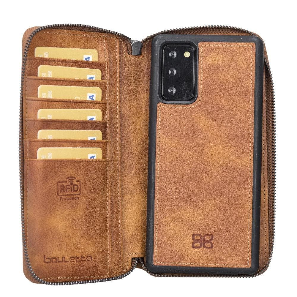 Samsung Galaxy Note 20 Series Leather Pouch Magnetic Wallet Case showcasing its detachable design and genuine leather finish.
