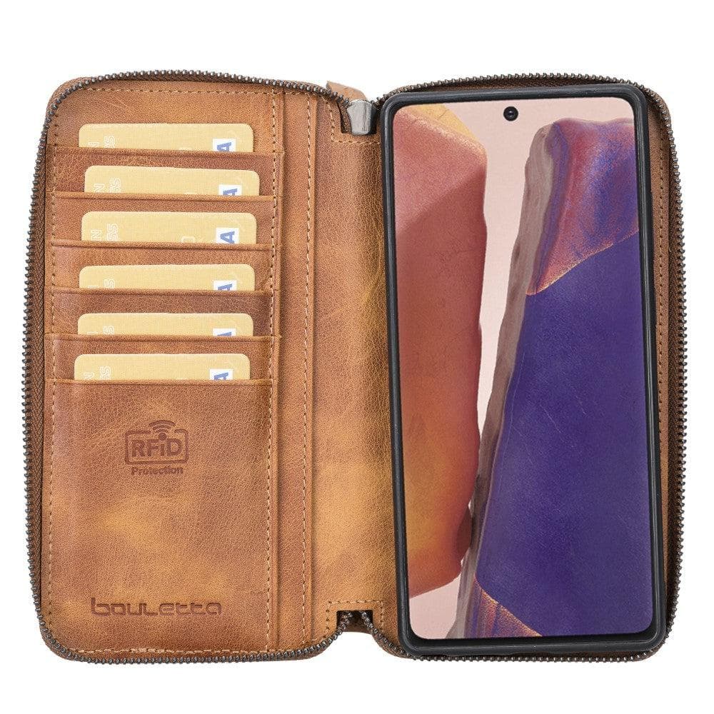 Samsung Galaxy Note 20 Series Leather Pouch Magnetic Wallet Case showcasing its detachable design and genuine leather finish.