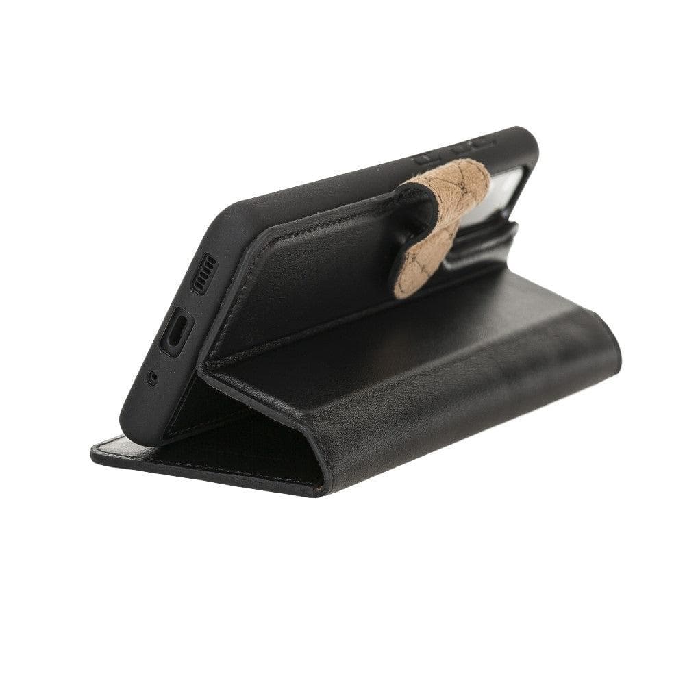 Samsung Galaxy S20 Series Leather Detachable Wallet Case in black leather, featuring card slots and RFID protection.