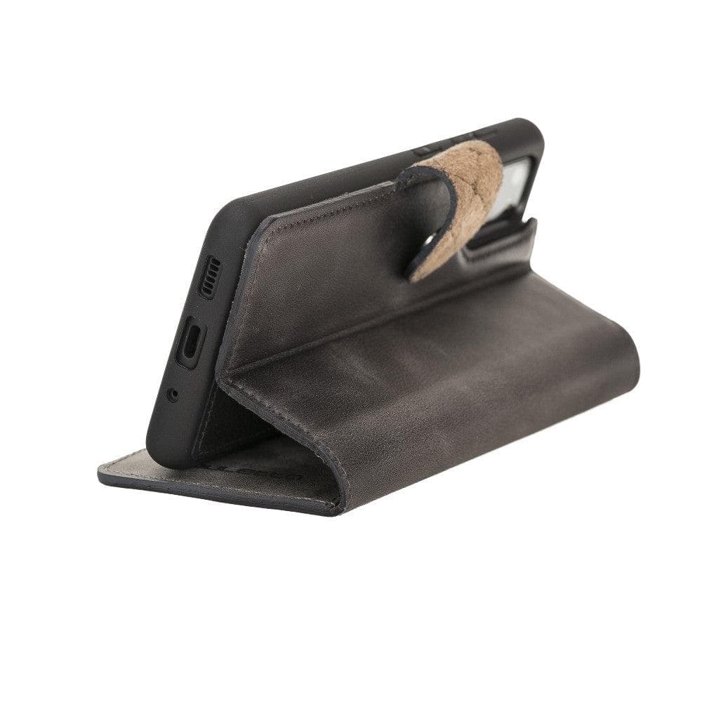 Samsung Galaxy S20 Series Leather Detachable Wallet Case in black leather, featuring card slots and RFID protection.