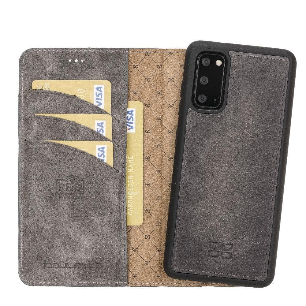 Samsung Galaxy S20 Series Leather Detachable Wallet Case in black leather, featuring card slots and RFID protection.