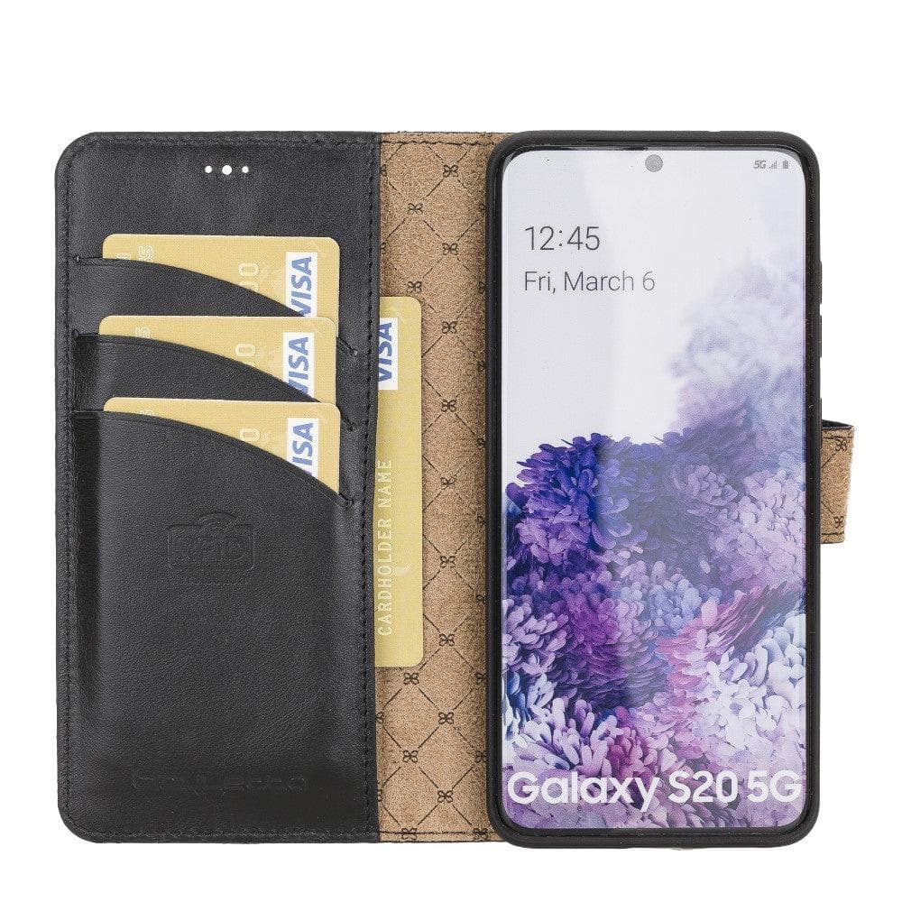 Samsung Galaxy S20 Series Leather Detachable Wallet Case in black leather, featuring card slots and RFID protection.