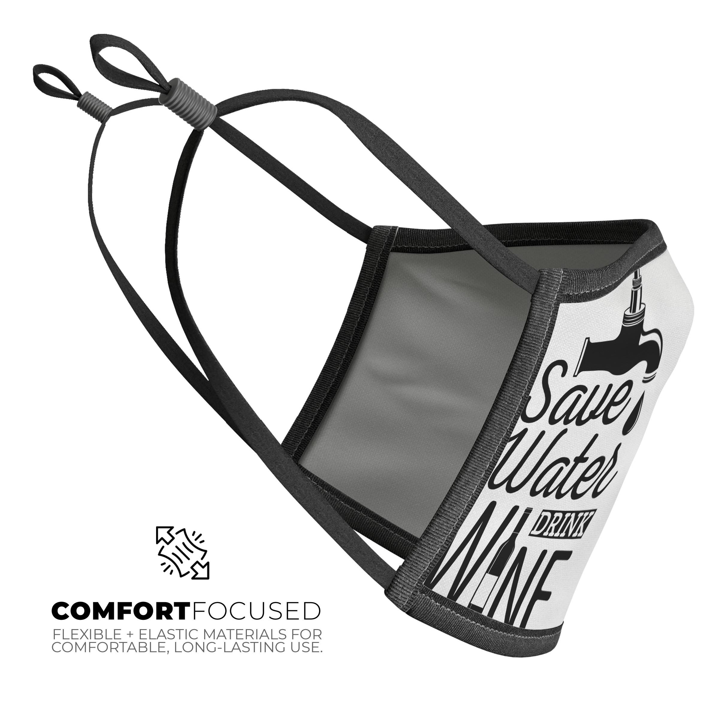 Save Water Drink Wine mouth cover, featuring a vibrant design, adjustable ear loops, and made from soft cotton and polyester blend.