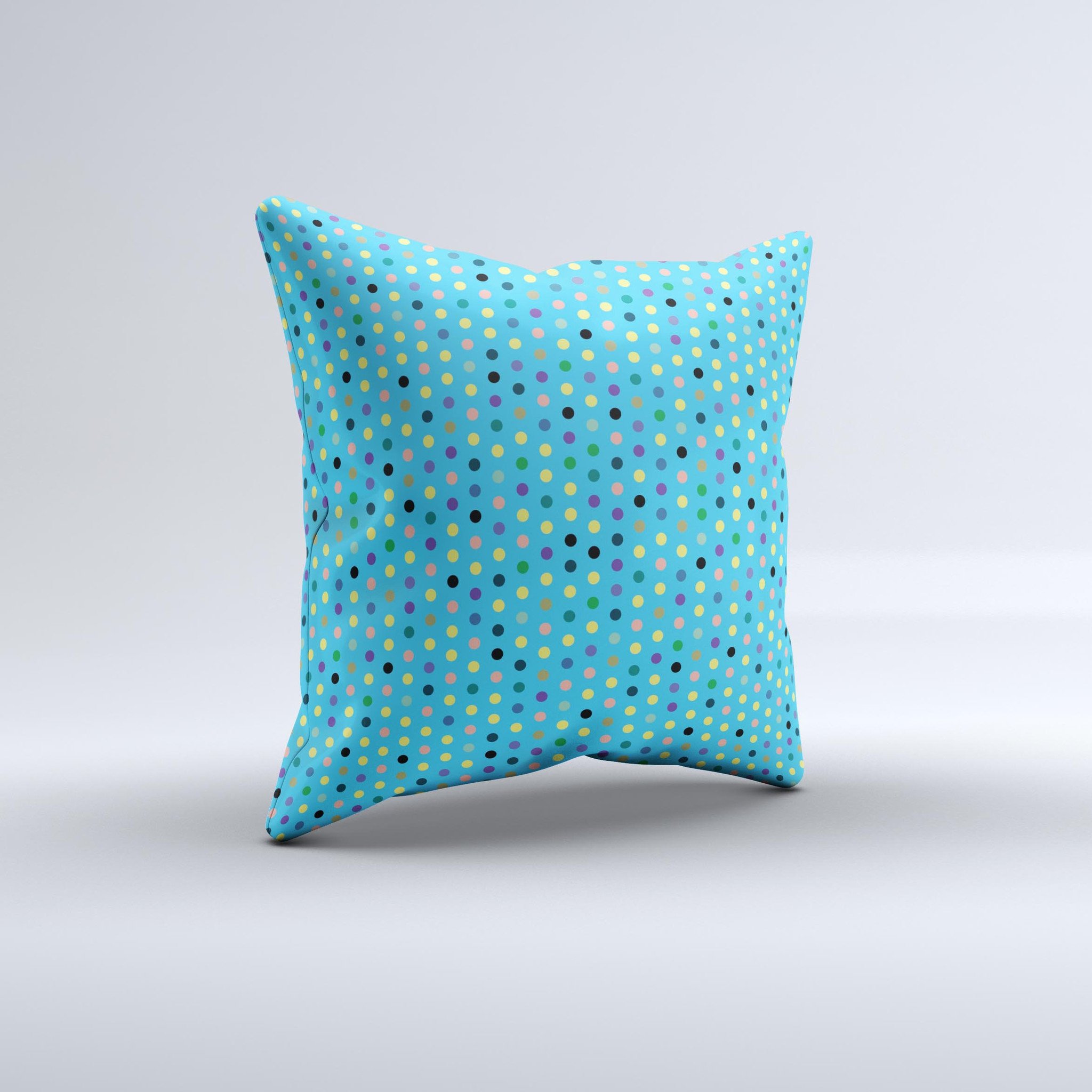 Scattered Blue Polkadots ink-Fuzed Decorative Throw Pillow showcasing unique hand-produced design with high thread count fabric.