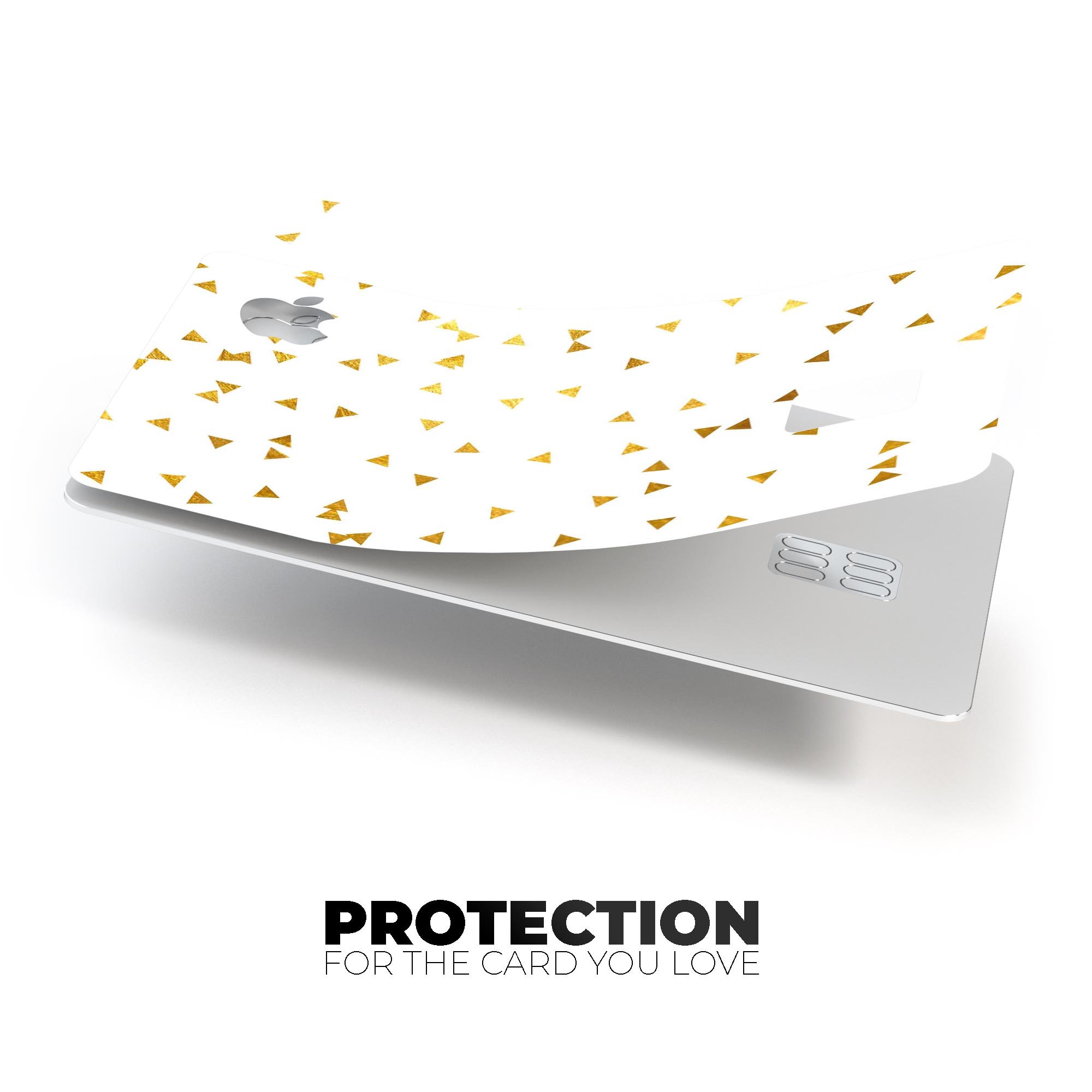 Scattered Golden Micro Triangles decal skin applied to an Apple Card, showcasing its premium design and protective features.