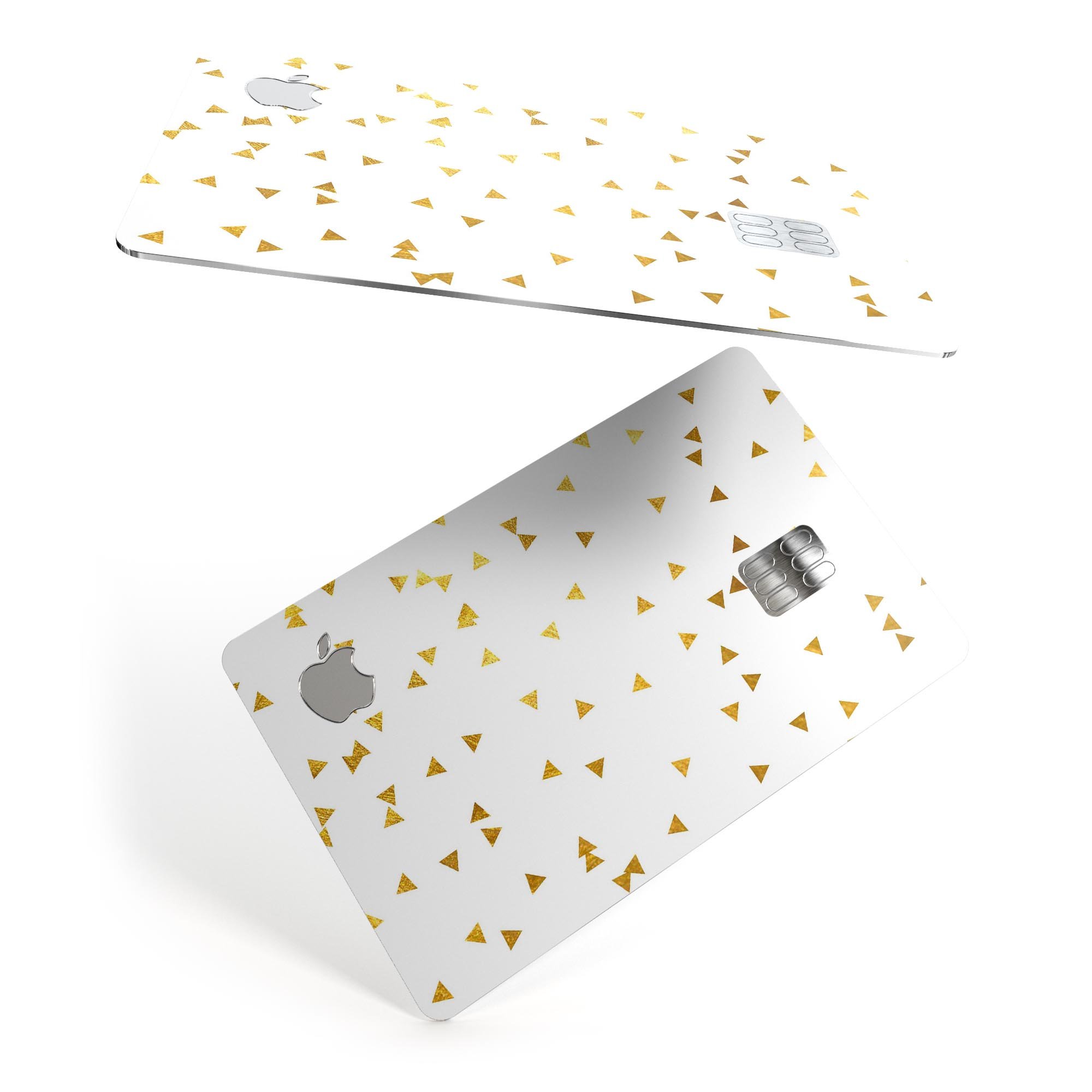 Scattered Golden Micro Triangles decal skin applied to an Apple Card, showcasing its premium design and protective features.