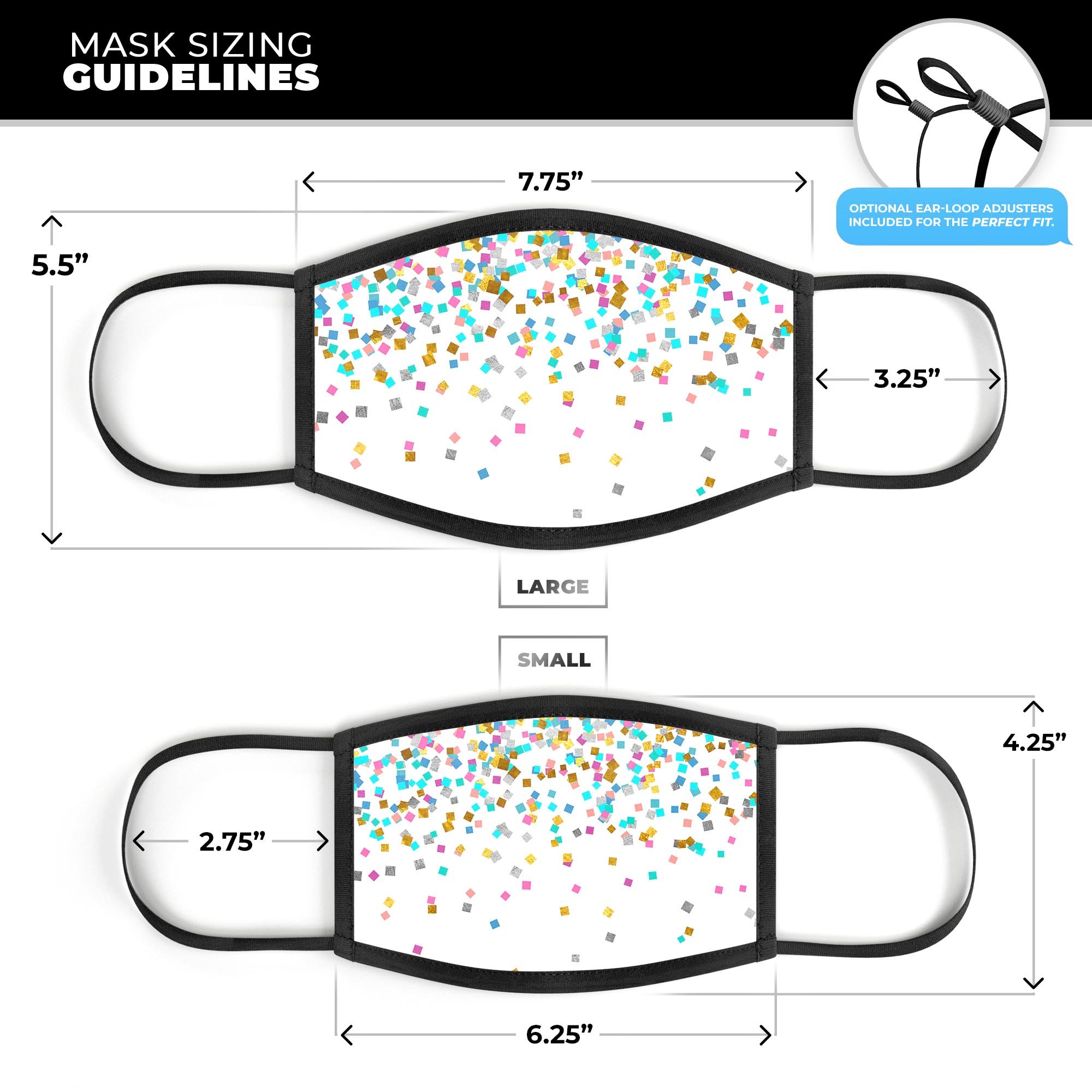 Colorful 3D face mask with scattered multicolor shapes on a white background, showcasing adjustable ear-loops and soft cotton interior.