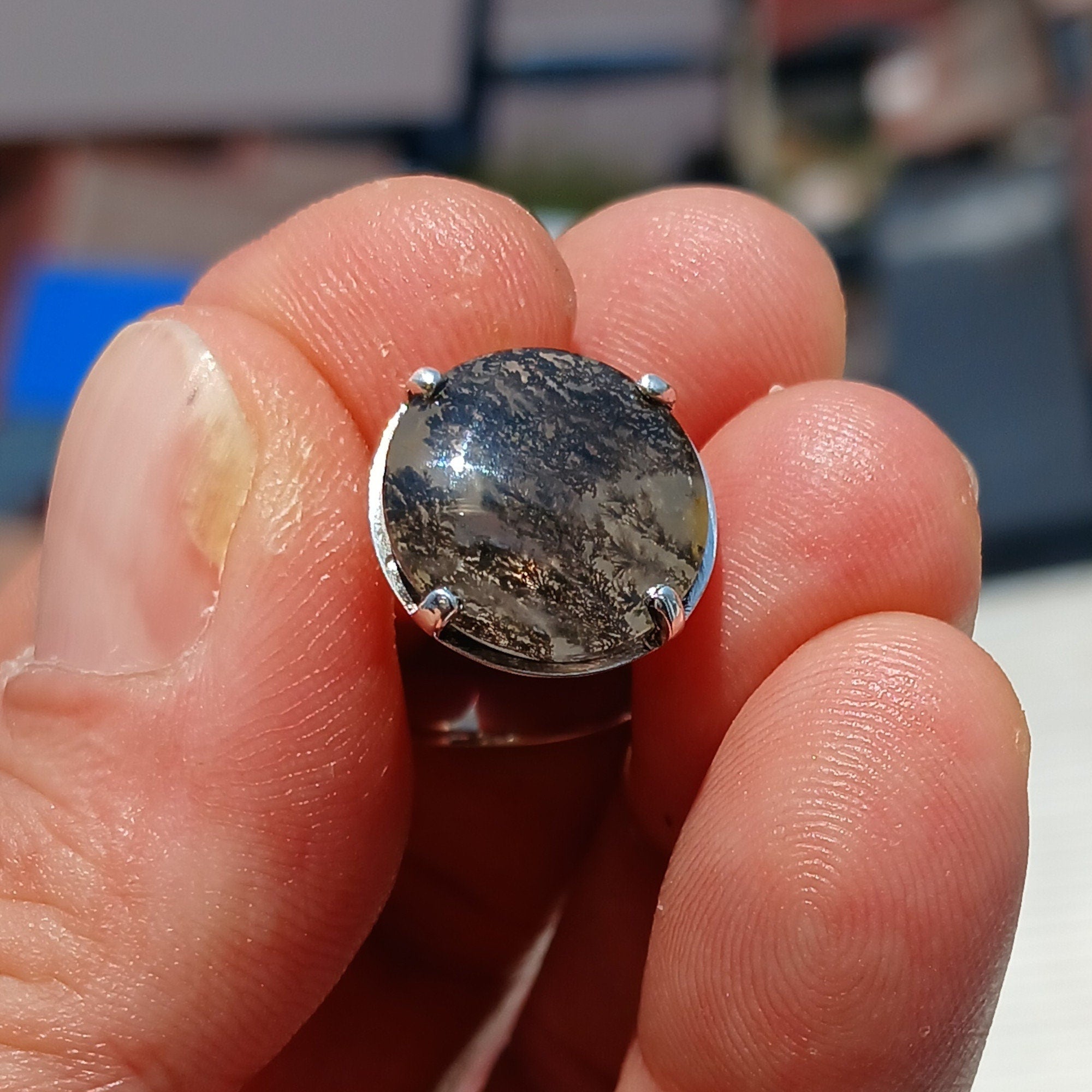 Scenic Dendrite Silver Ring featuring a round cut Dendrite Tree Agate set in polished sterling silver, showcasing intricate natural patterns.