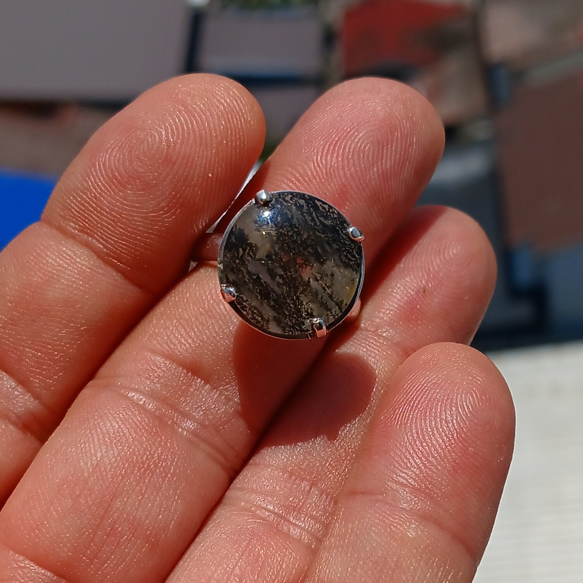 Scenic Dendrite Silver Ring featuring a round cut Dendrite Tree Agate set in polished sterling silver, showcasing intricate natural patterns.