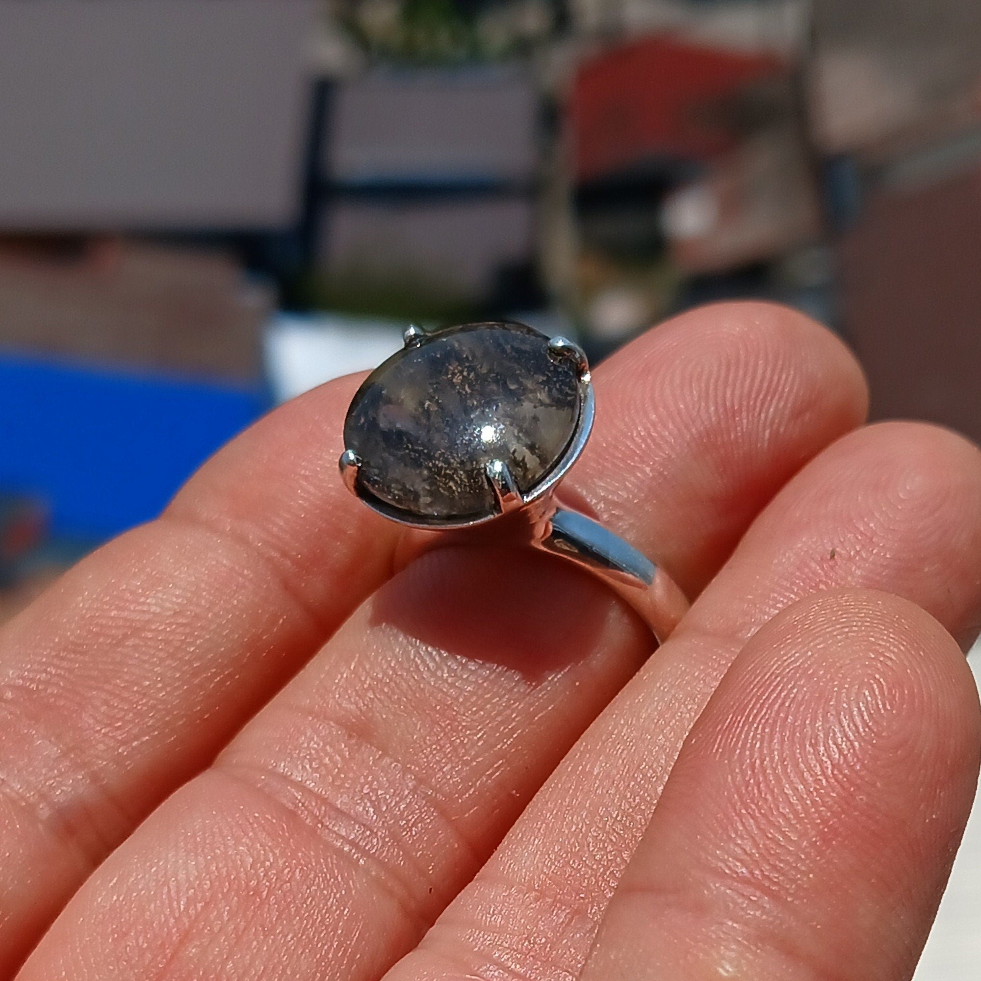 Scenic Dendrite Silver Ring featuring a round cut Dendrite Tree Agate set in polished sterling silver, showcasing intricate natural patterns.