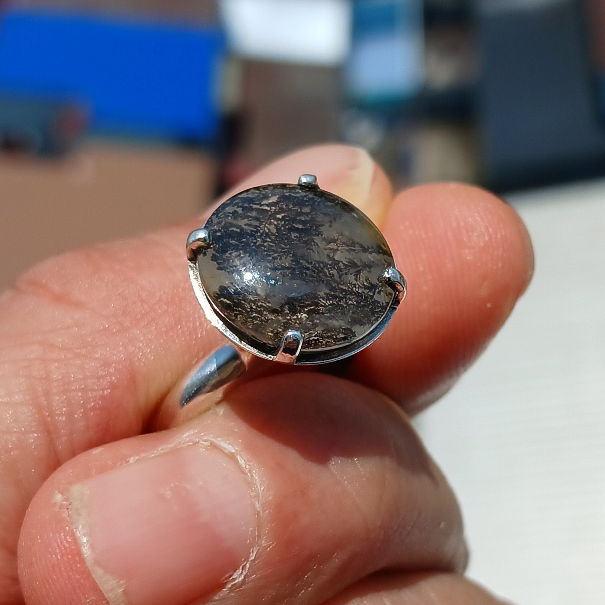 Scenic Dendrite Silver Ring featuring a round cut Dendrite Tree Agate set in polished sterling silver, showcasing intricate natural patterns.