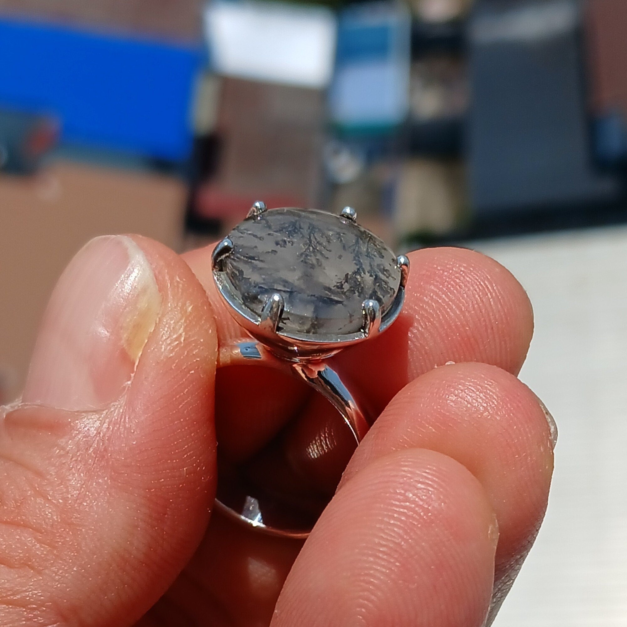 A stunning Scenic Dendrite Silver Ring featuring a round cut Dendrite Tree Agate set in polished sterling silver, showcasing intricate natural patterns.