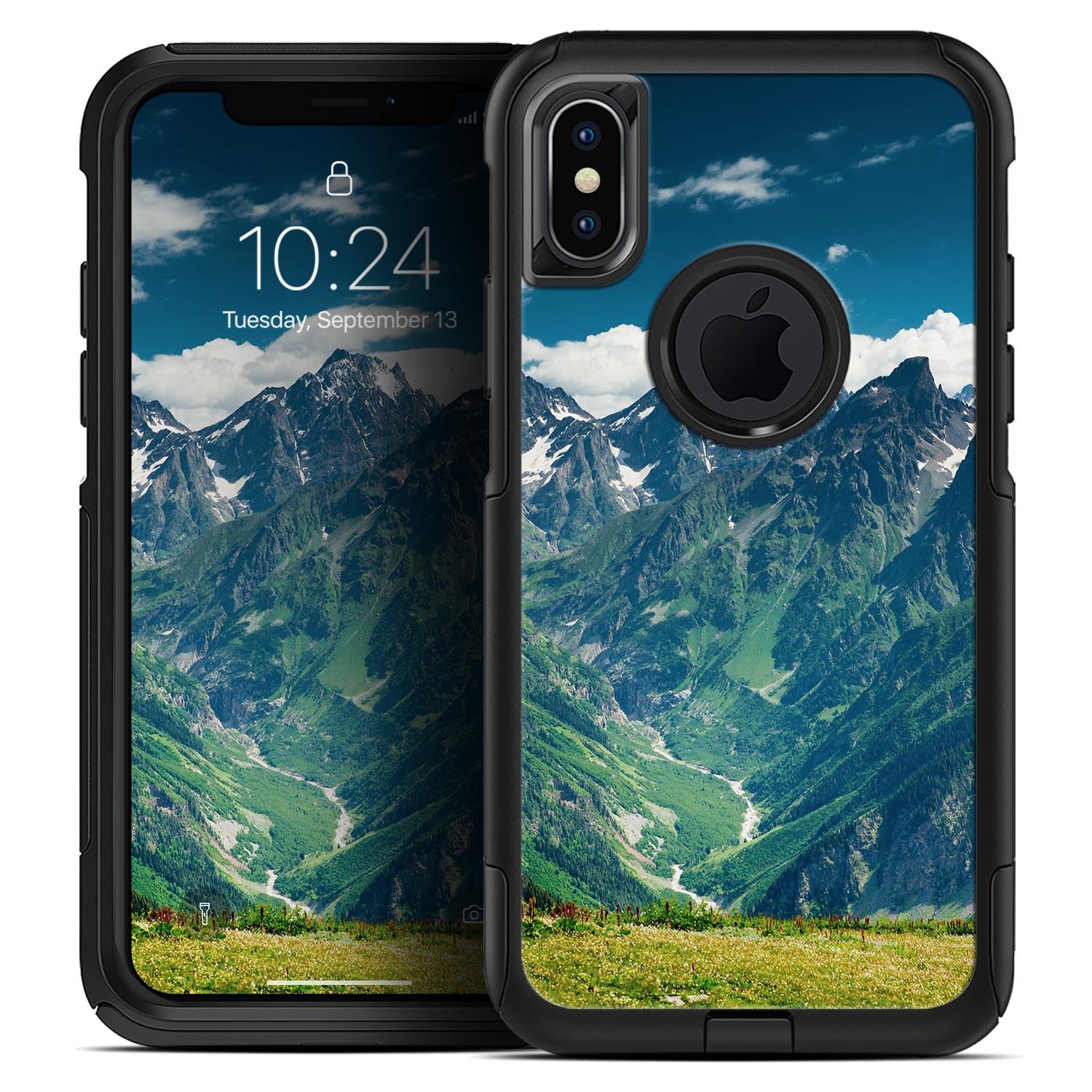 Scenic Mountaintops Skin Kit for iPhone OtterBox Cases featuring vibrant mountain graphics and a sleek design.