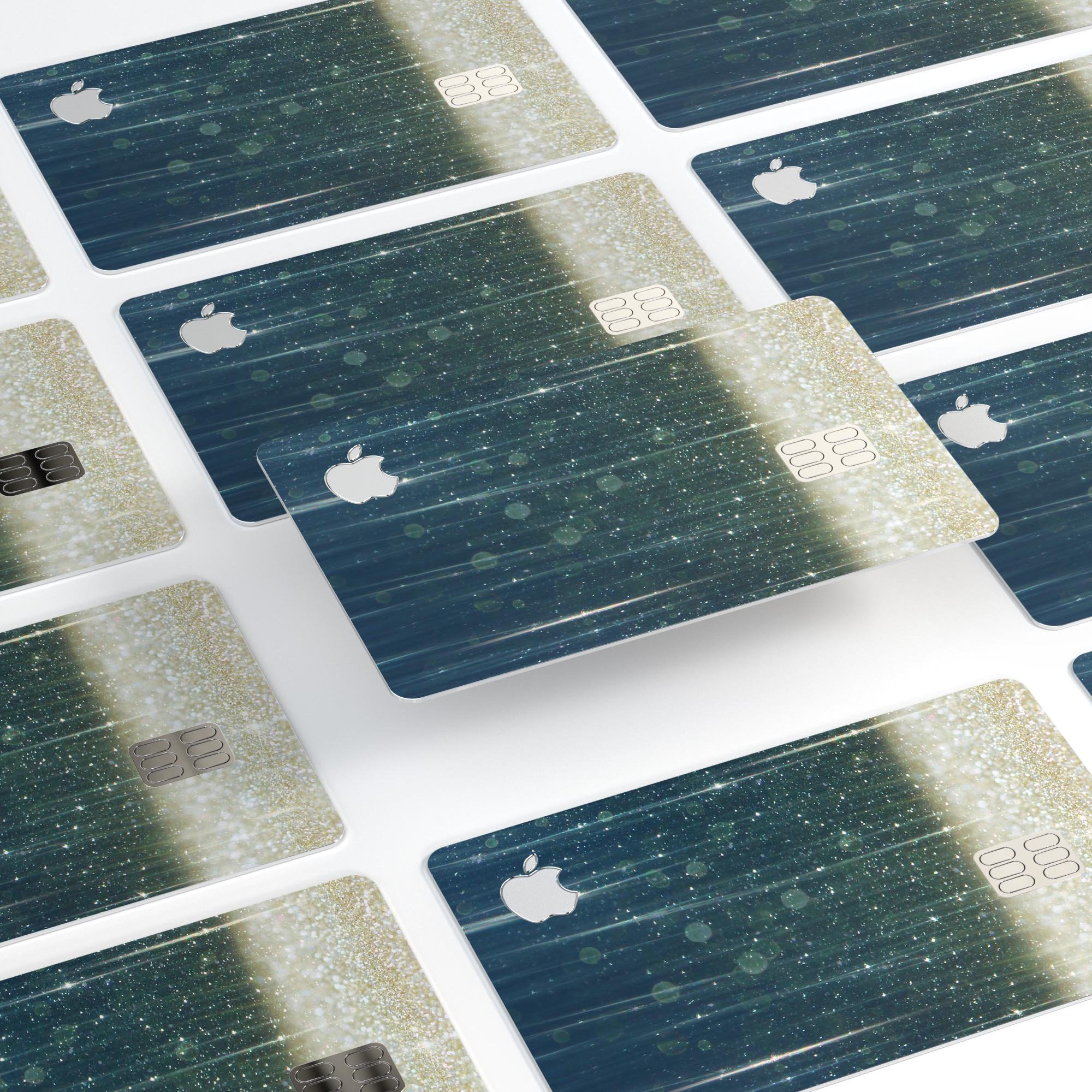 Scratched Blue and Gold Showers Premium Protective Decal Skin-Kit for Apple Card, showcasing its vibrant design and protective features.