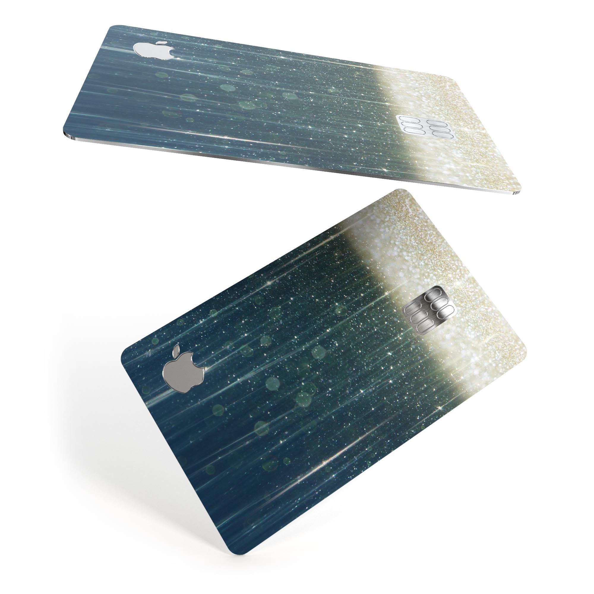 Scratched Blue and Gold Showers Premium Protective Decal Skin-Kit for Apple Card, showcasing its vibrant design and protective features.