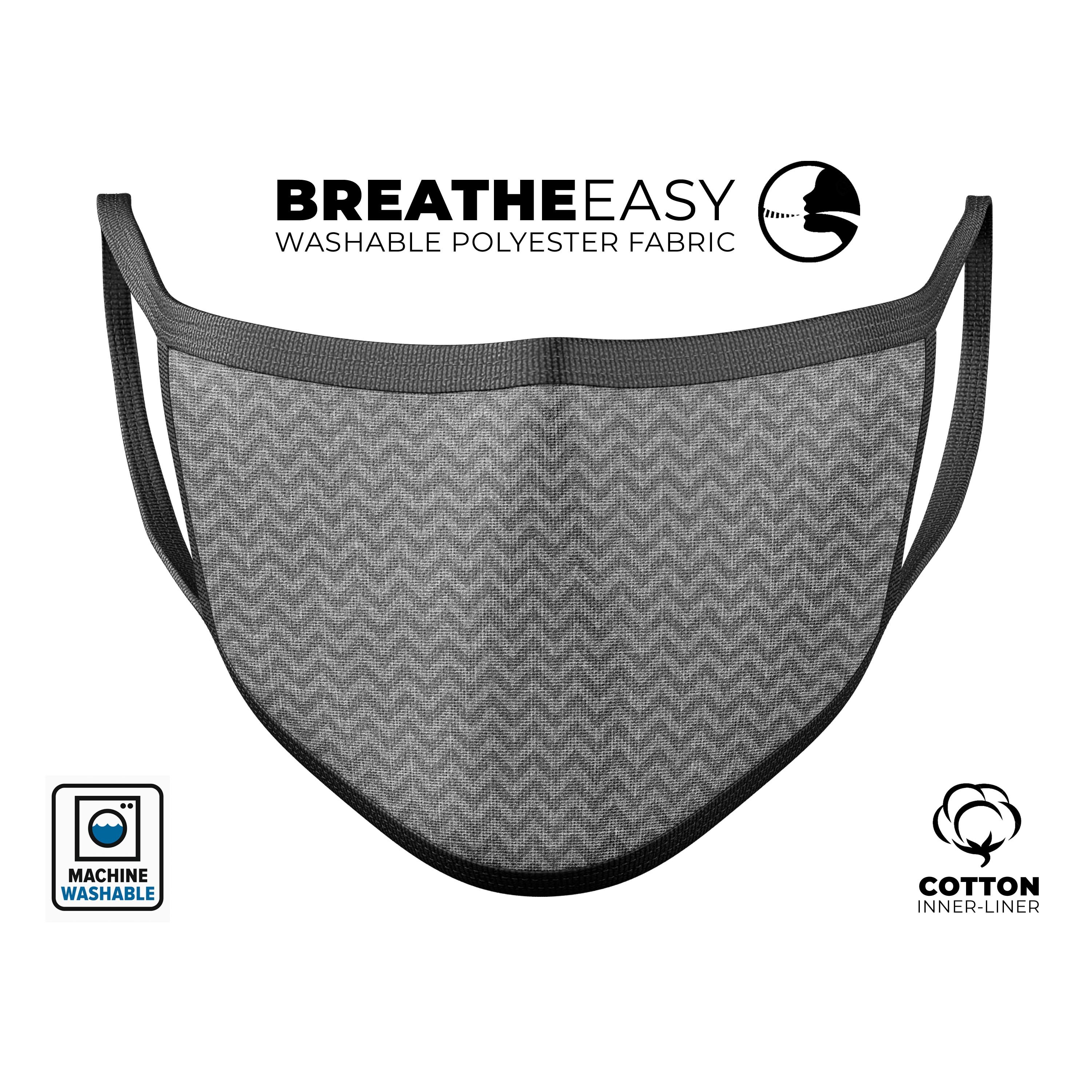 Scratched Chevron Over Gray Fabric mouth cover, showcasing adjustable ear-loops and soft cotton interior, made in the USA.