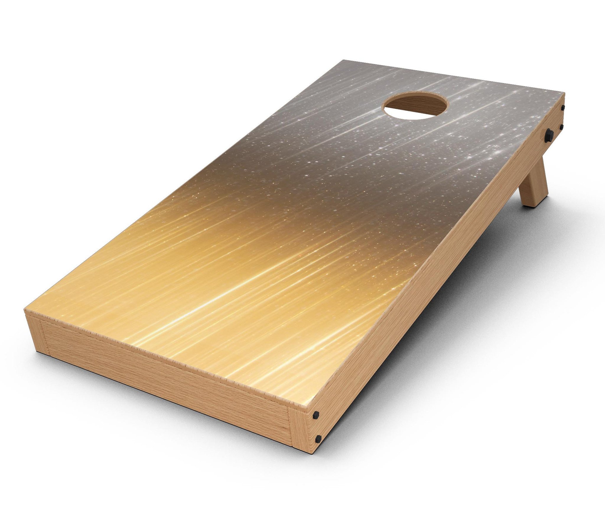 Scratched gold and silver vinyl decal kit for Cornhole boards, showcasing a stylish design ready for application.