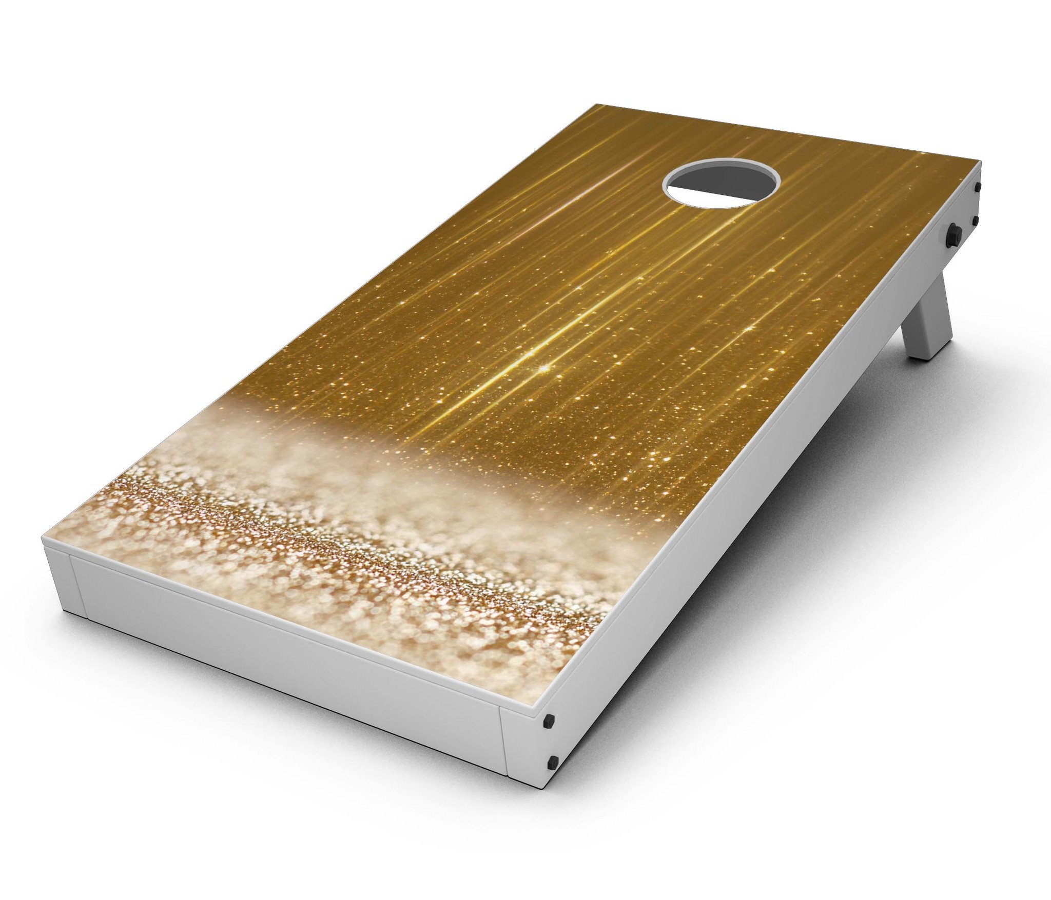 Scratched Gold Streaks Cornhole Board Skin Decal Kit showcasing premium vinyl design for stylish board transformation.