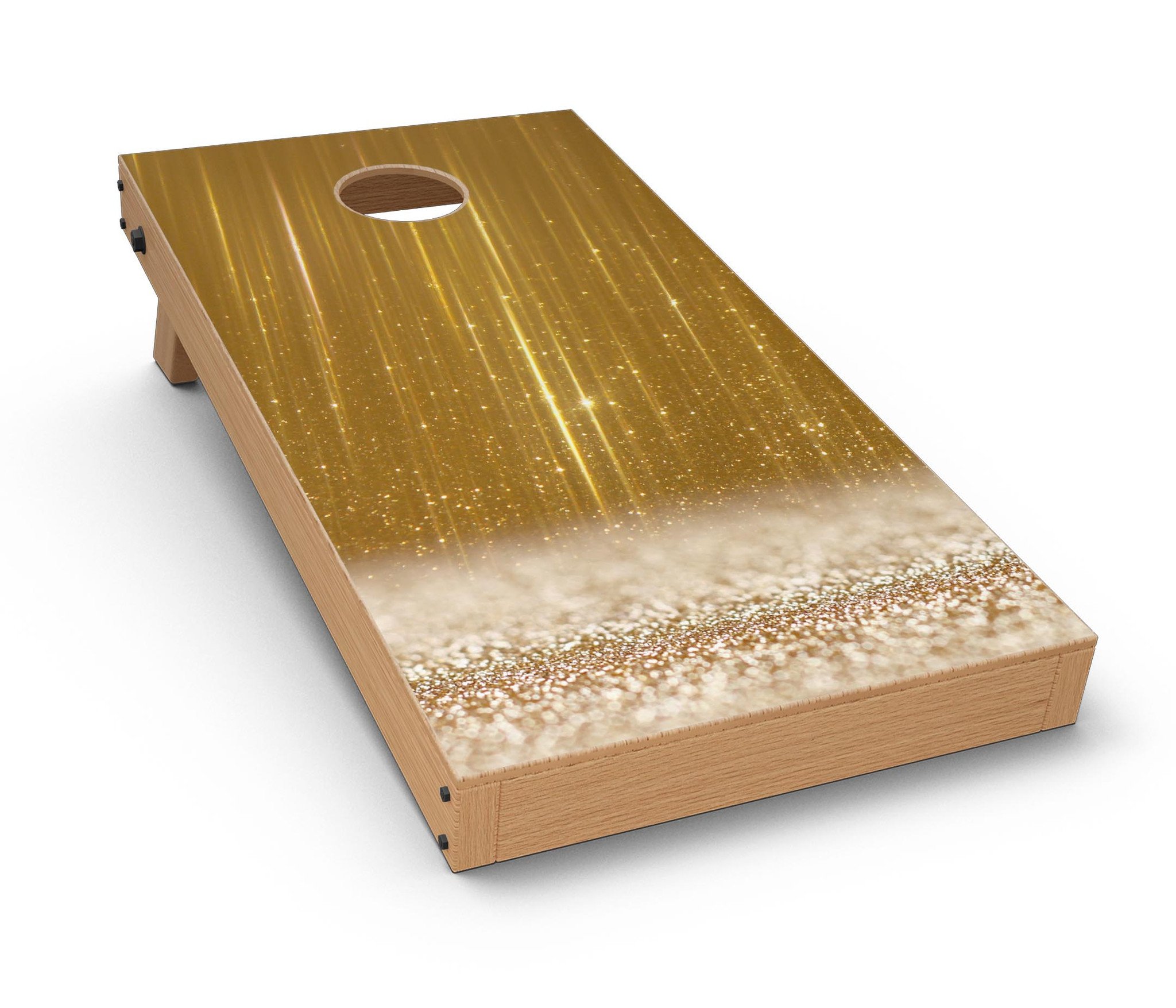 Scratched Gold Streaks Cornhole Board Skin Decal Kit showcasing premium vinyl design for stylish board transformation.