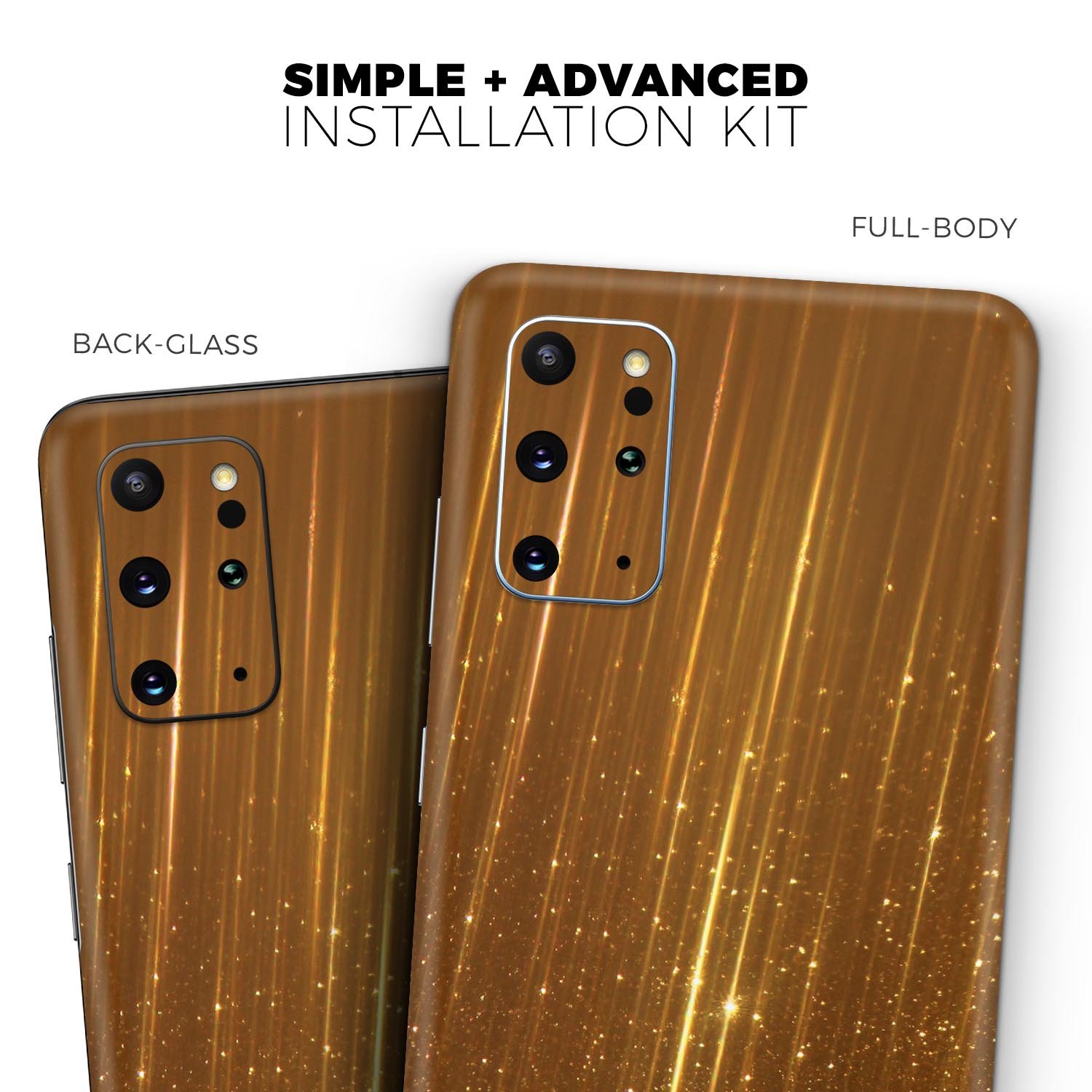 Scratched Gold Streaks Skin-Kit for Samsung Galaxy S20, showcasing a stylish design with a premium vinyl finish.
