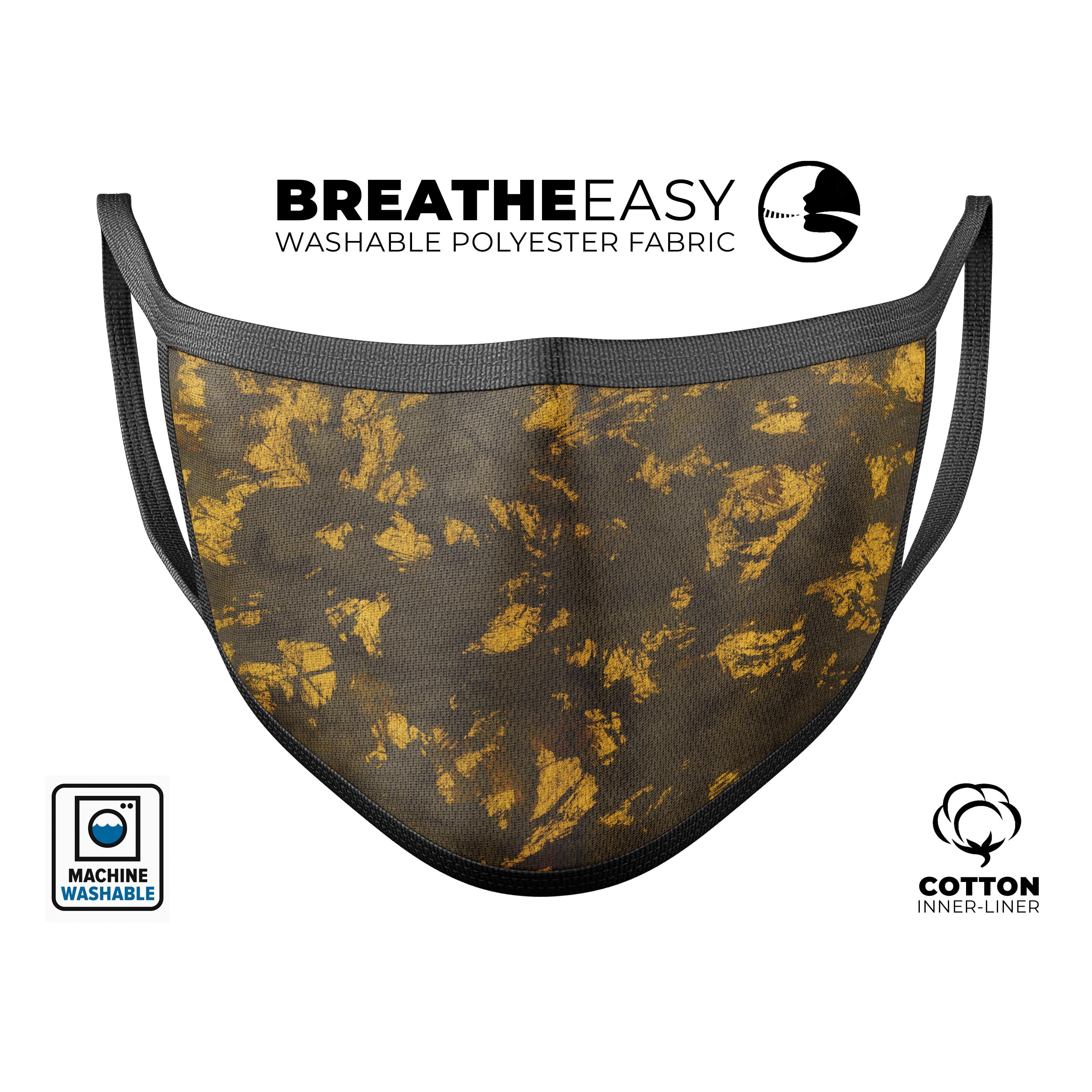 Scratched Golden Dust mouth cover, featuring a unique design, adjustable ear loops, and a soft cotton interior, perfect for anti-dust protection.