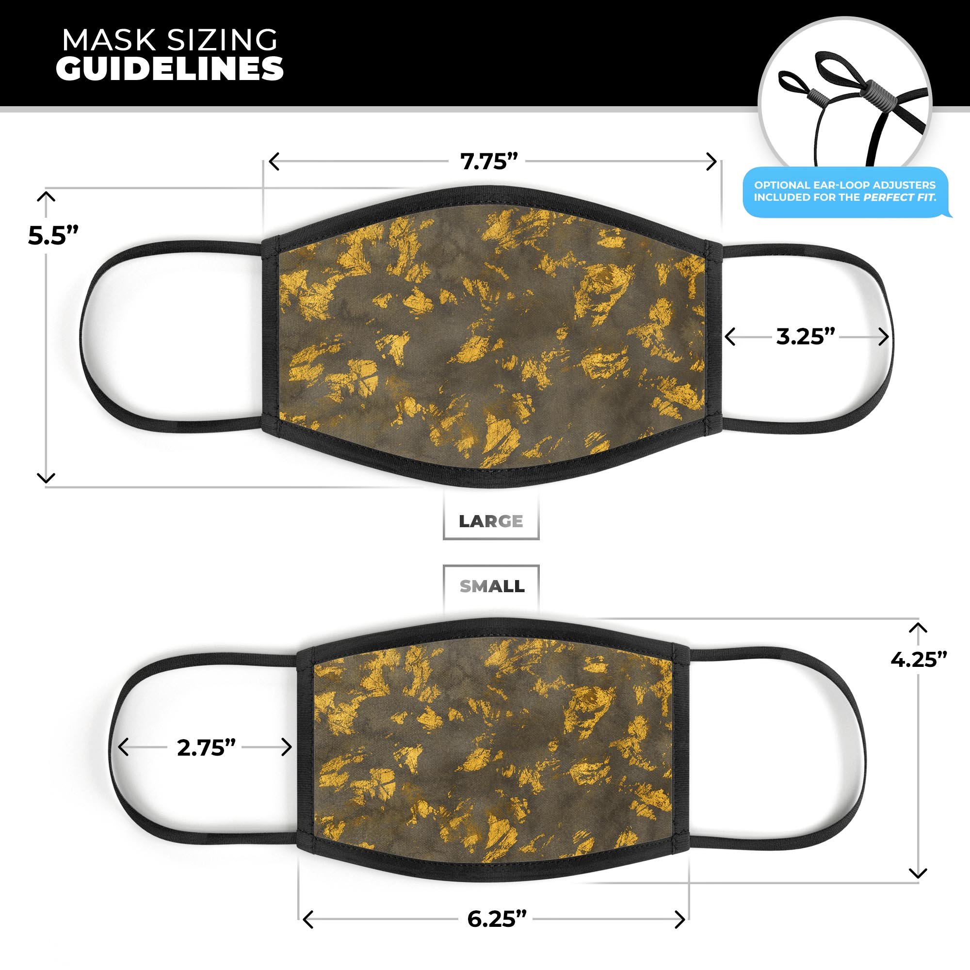 Scratched Golden Dust mouth cover, featuring a unique design, adjustable ear loops, and a soft cotton interior, perfect for anti-dust protection.