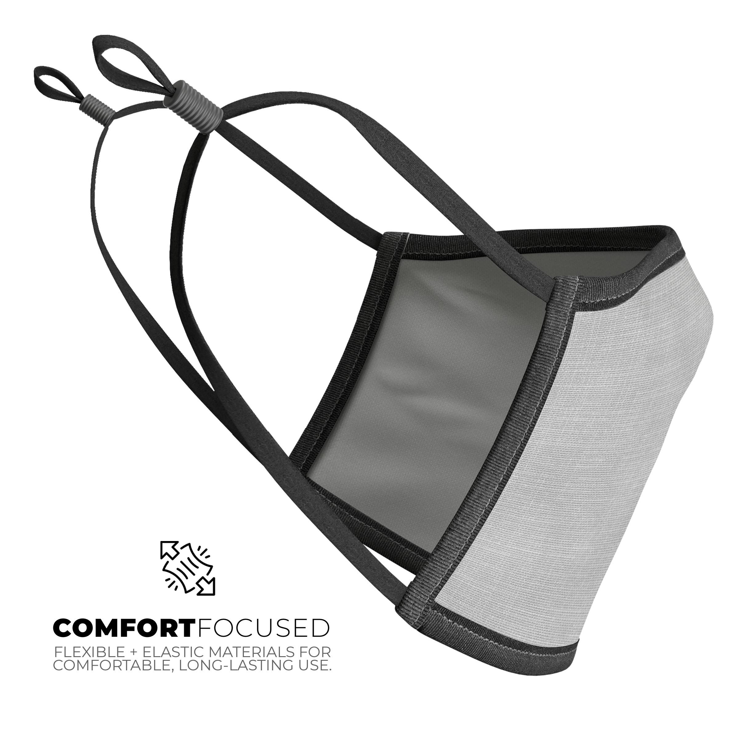 A gray fabric mouth cover with a 3D design, featuring adjustable ear loops and a soft cotton interior, made in the USA.