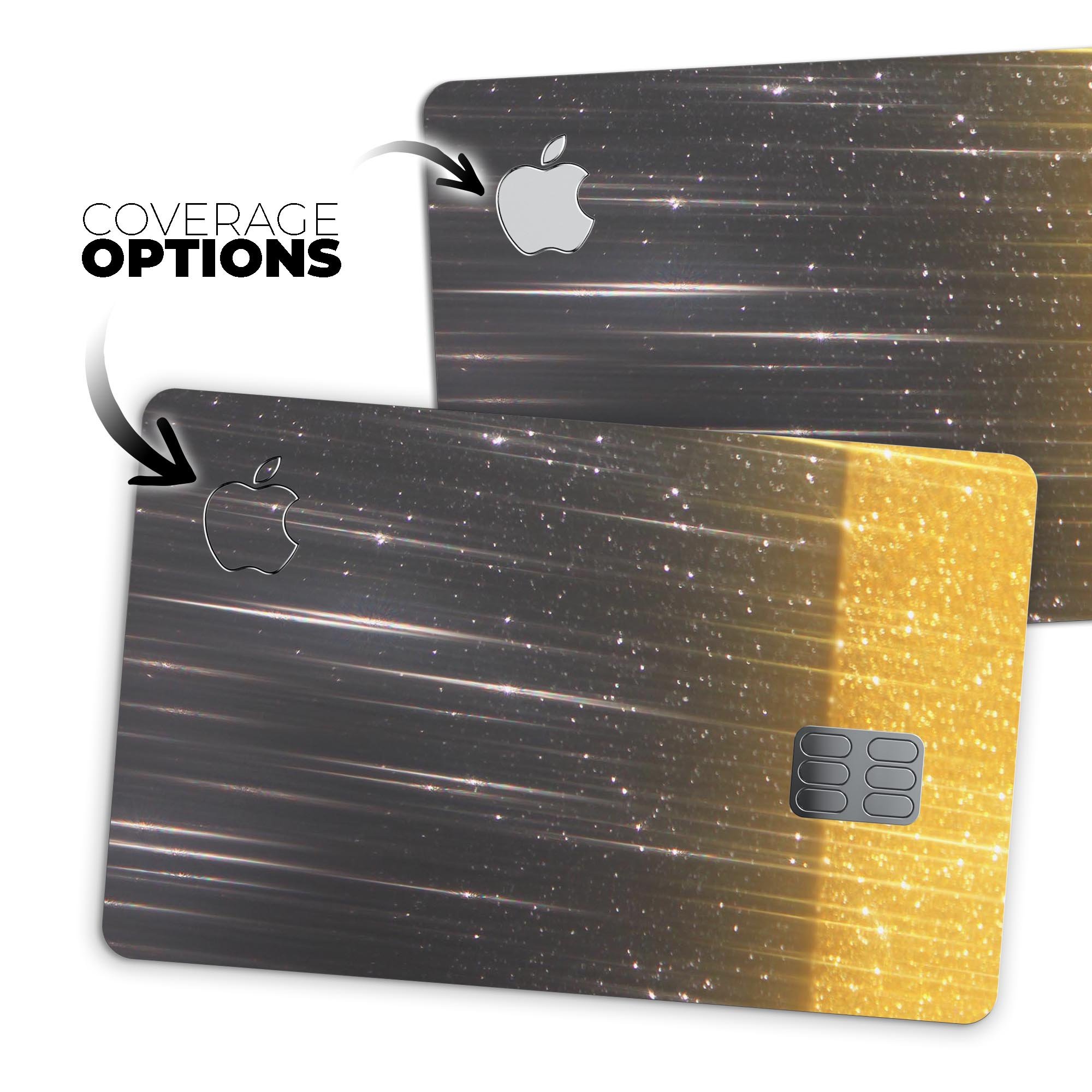 Premium protective decal for Apple Card featuring a scratched surface and glowing gold sparkle design.
