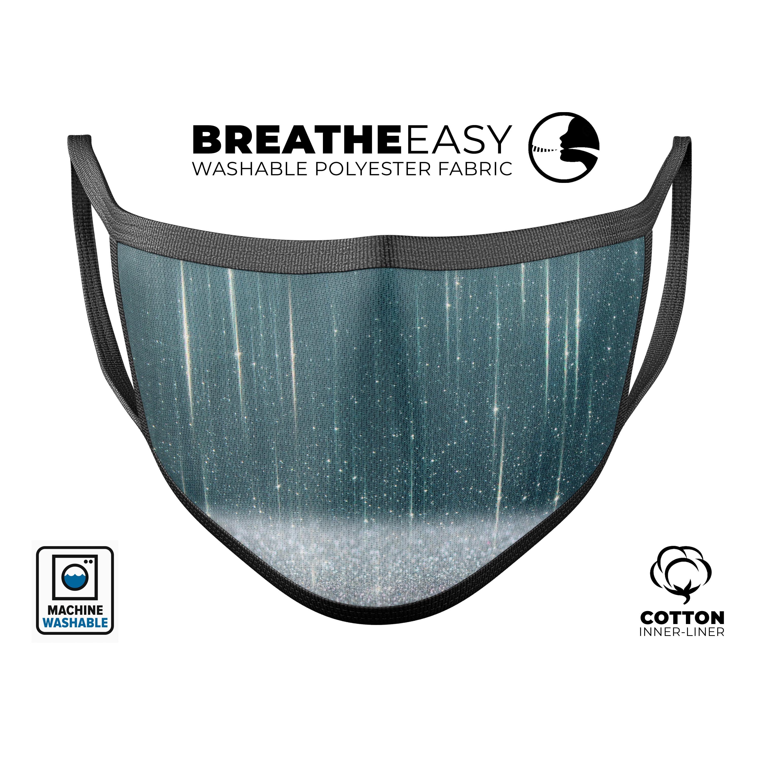 Dye-sublimated reusable 3D face mask with a scratched teal and white surface featuring silver sparkle, made in the USA.