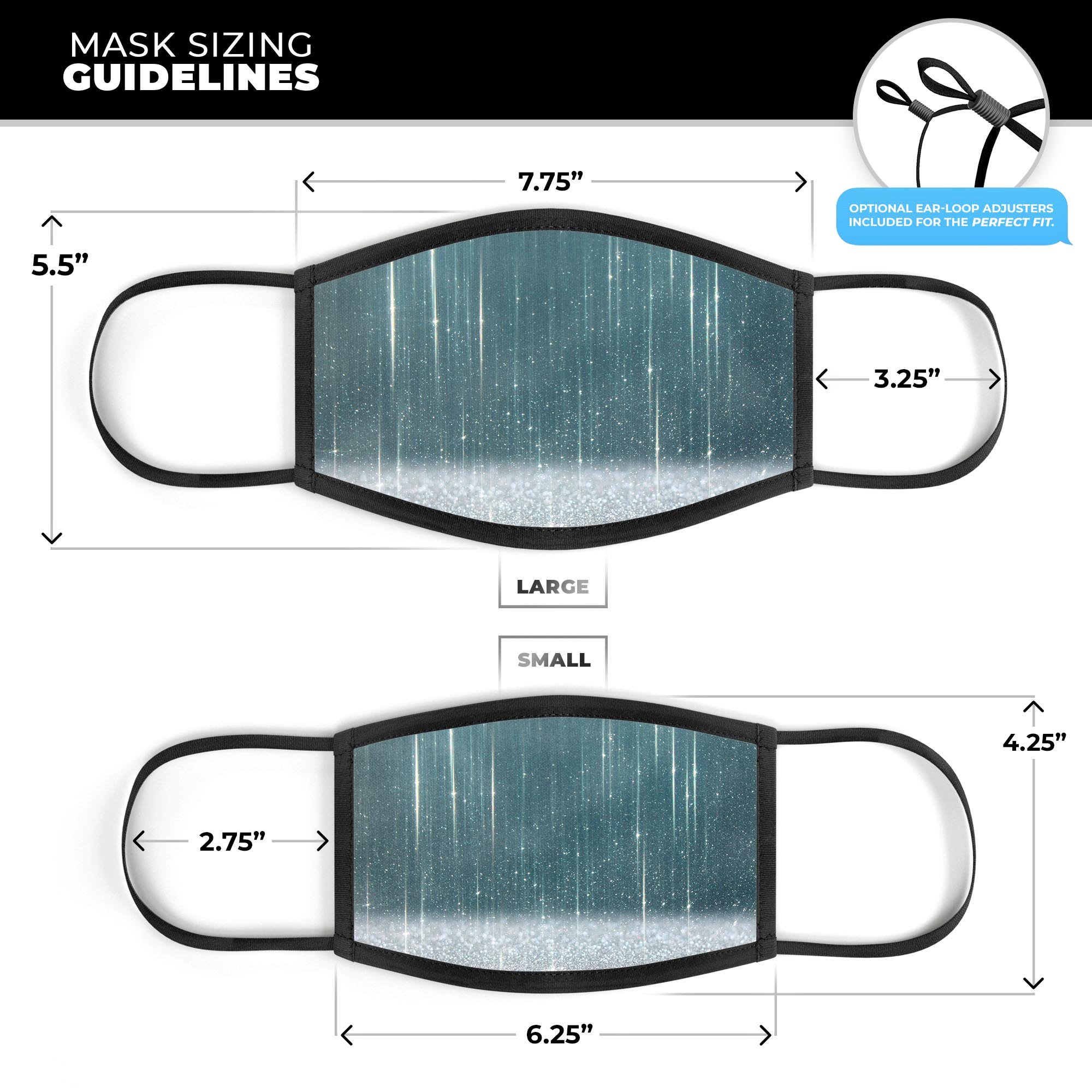 Dye-sublimated reusable 3D face mask with a scratched teal and white surface featuring silver sparkle, made in the USA.