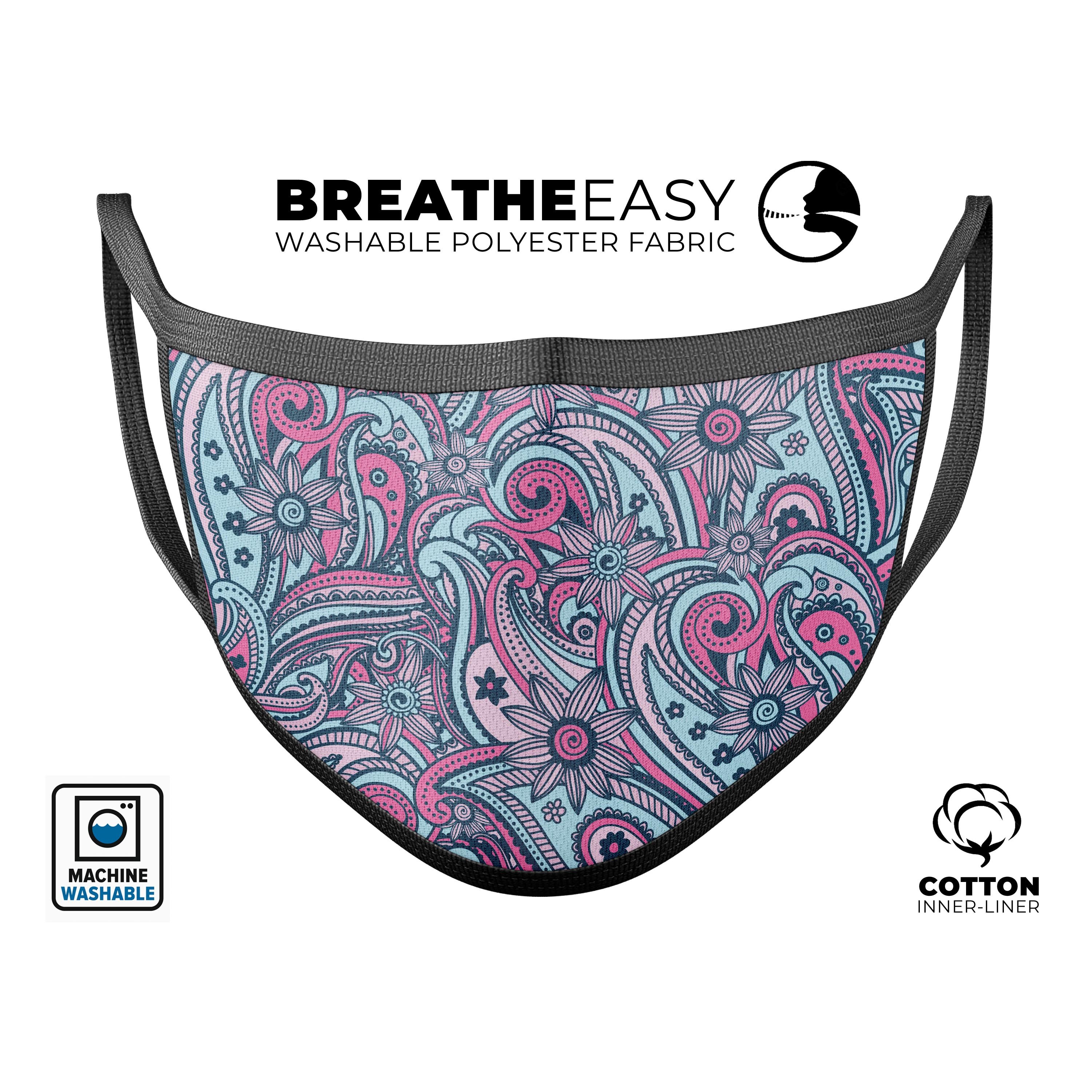 Seamless Mint and Pink Sprout mouth cover, showcasing vibrant colors and adjustable ear loops, made in the USA.