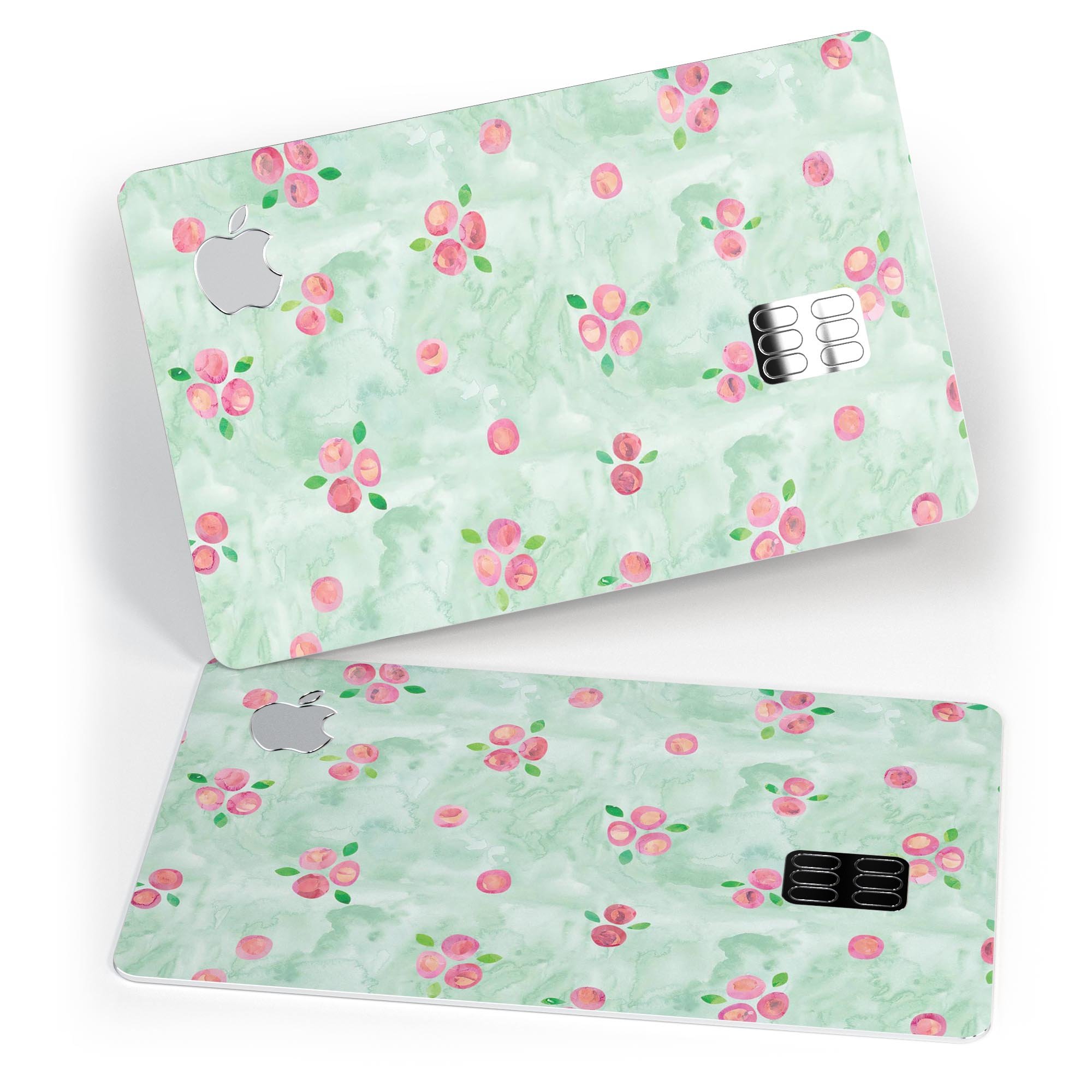 Shabby Chic Watercolor Holly Pattern V2 decal applied on an Apple Card, showcasing its vibrant colors and protective features.