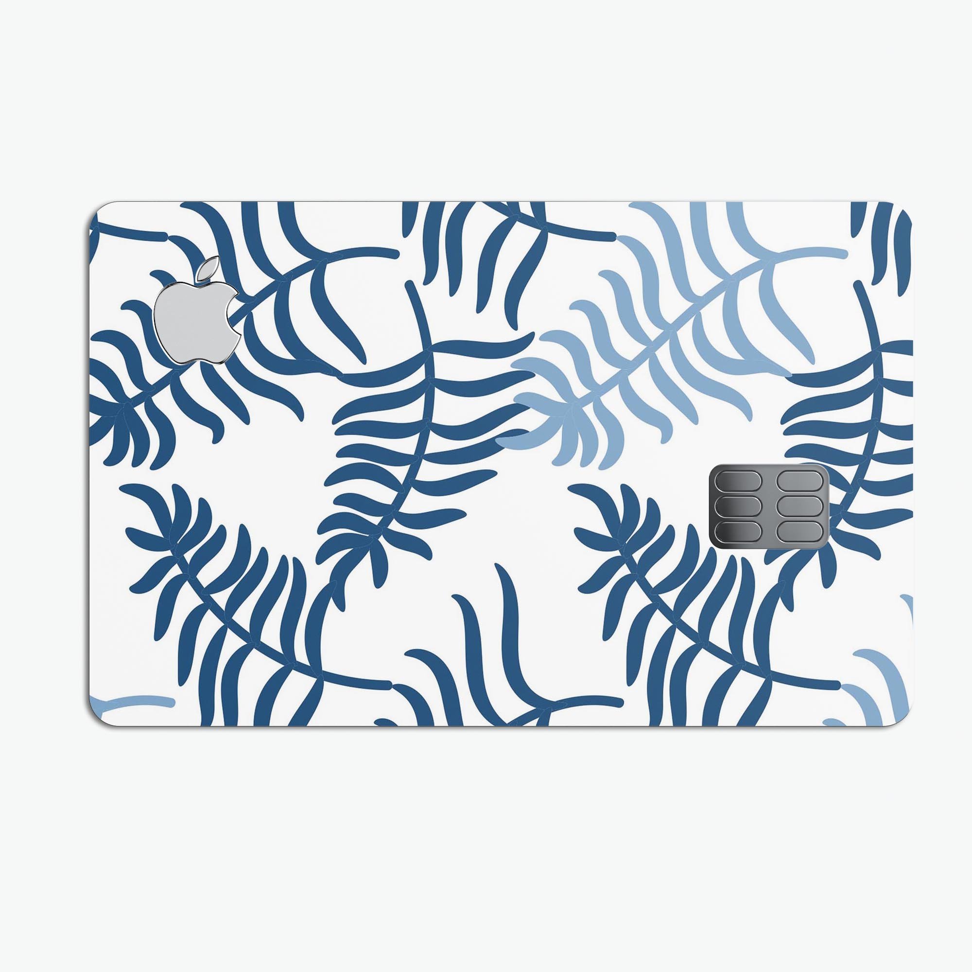 Shades of Blue Whispy Feathers decal skin for Apple Card, showcasing a vibrant feather design on a sleek surface.